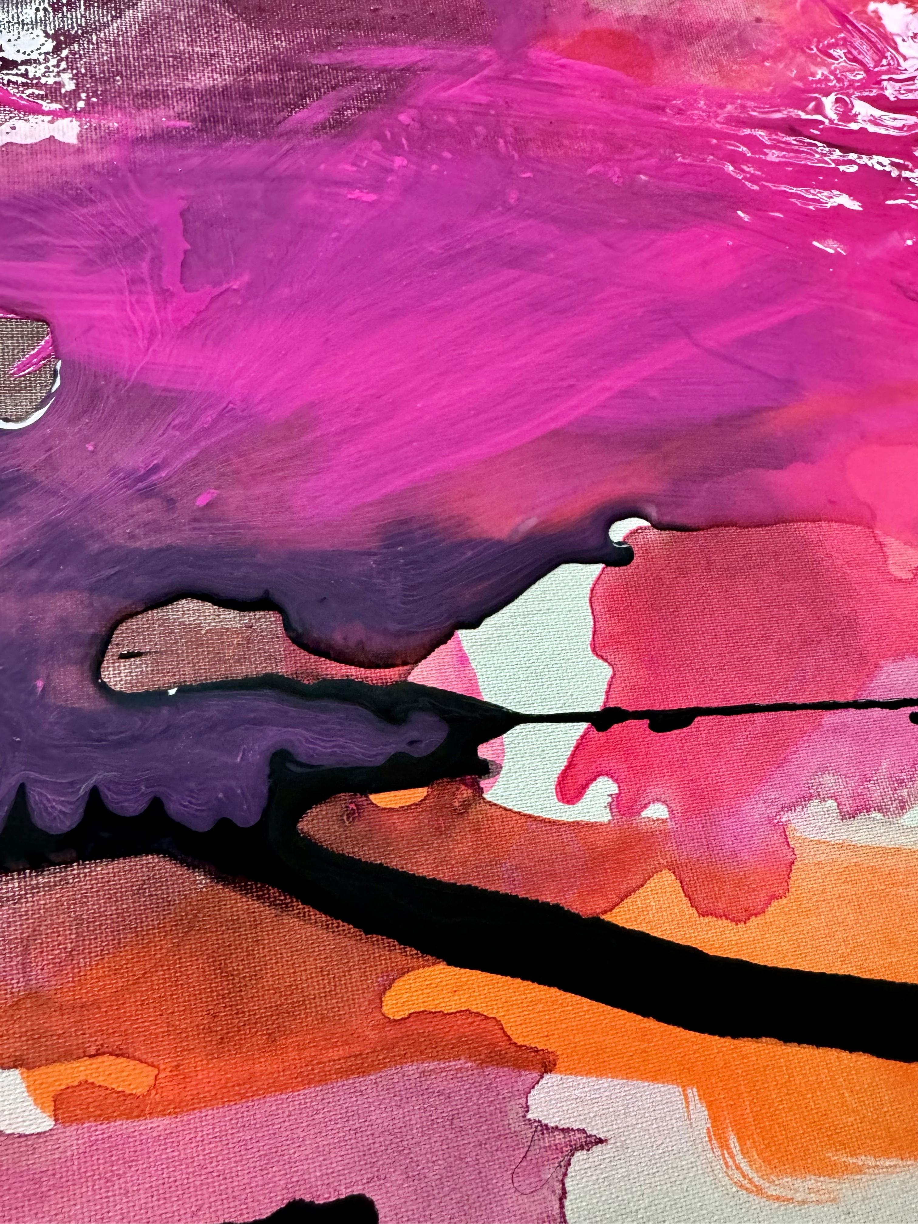 A vibrant dance of ethereal pinks and purples intermingles with bold, dark strokes, creating an expressive tapestry of luminous chaos and dynamic motion. Artwork style is Abstrakt and technique Acry auf Leinwand.