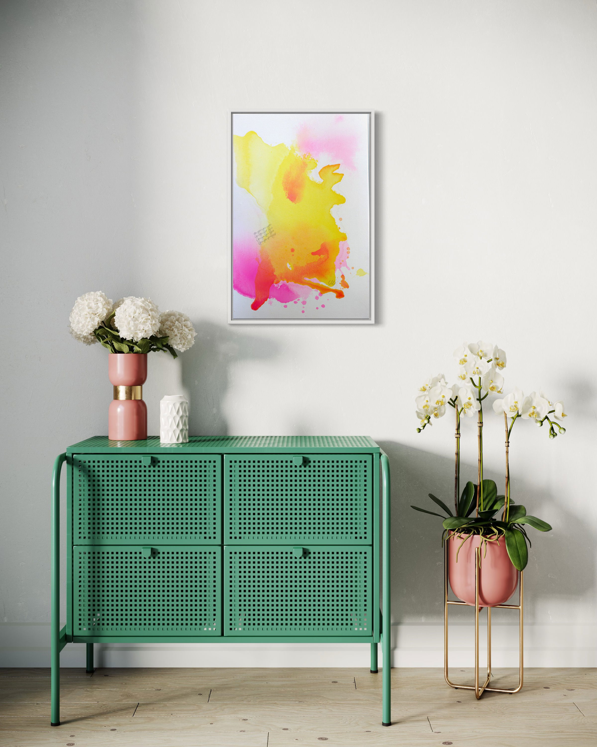 Abstract acrylic on canvas with ethereal yellows and pinks blending in organic shapes, creating a fluid, dreamlike, modern art piece. Abstrakt style, Acryl auf Leinwand.