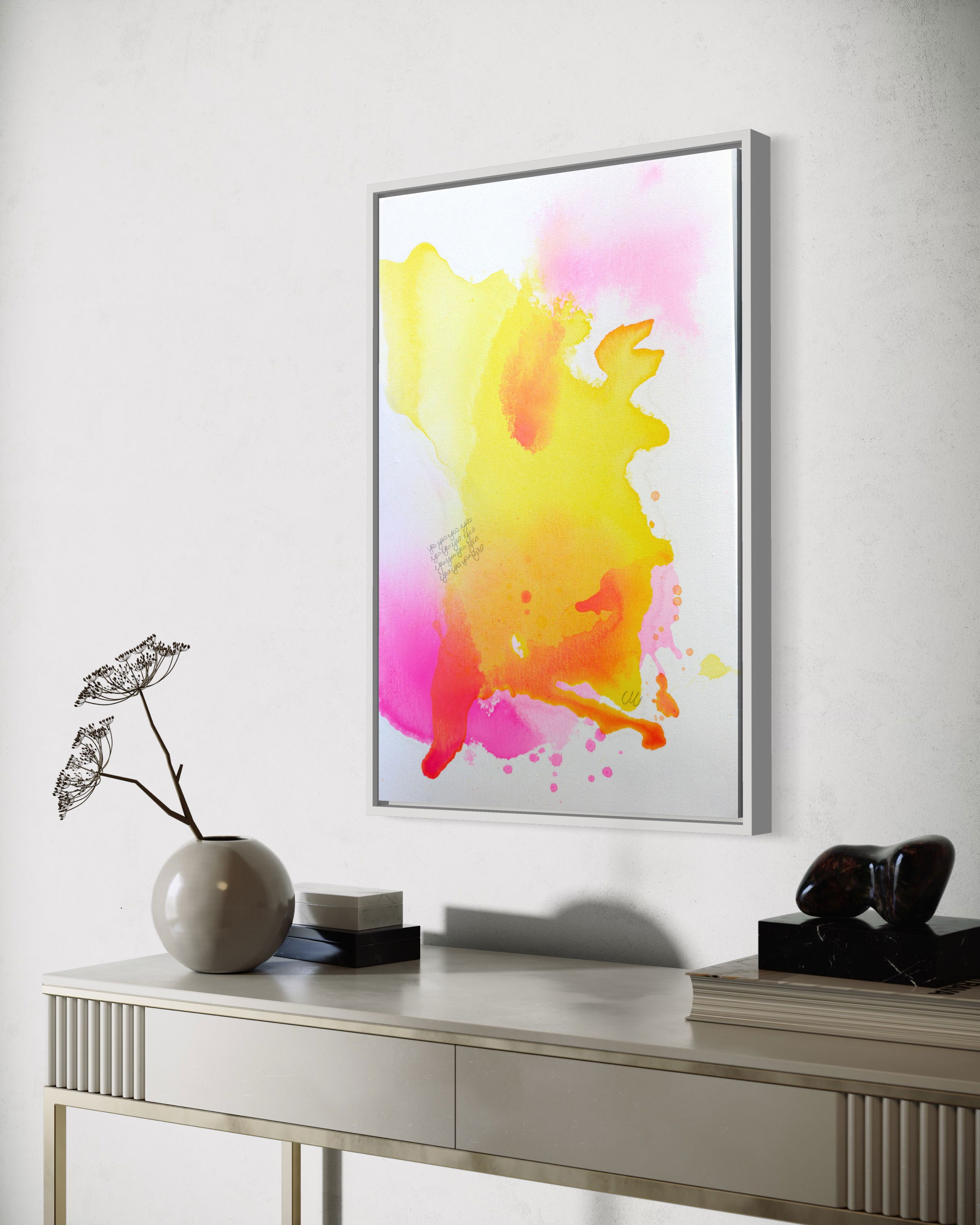 Abstract acrylic on canvas painting with vibrant yellow and pink organic shapes, fluid gradients, and dreamlike ethereal splotches. Abstrakt style, Acryl auf Leinwand.