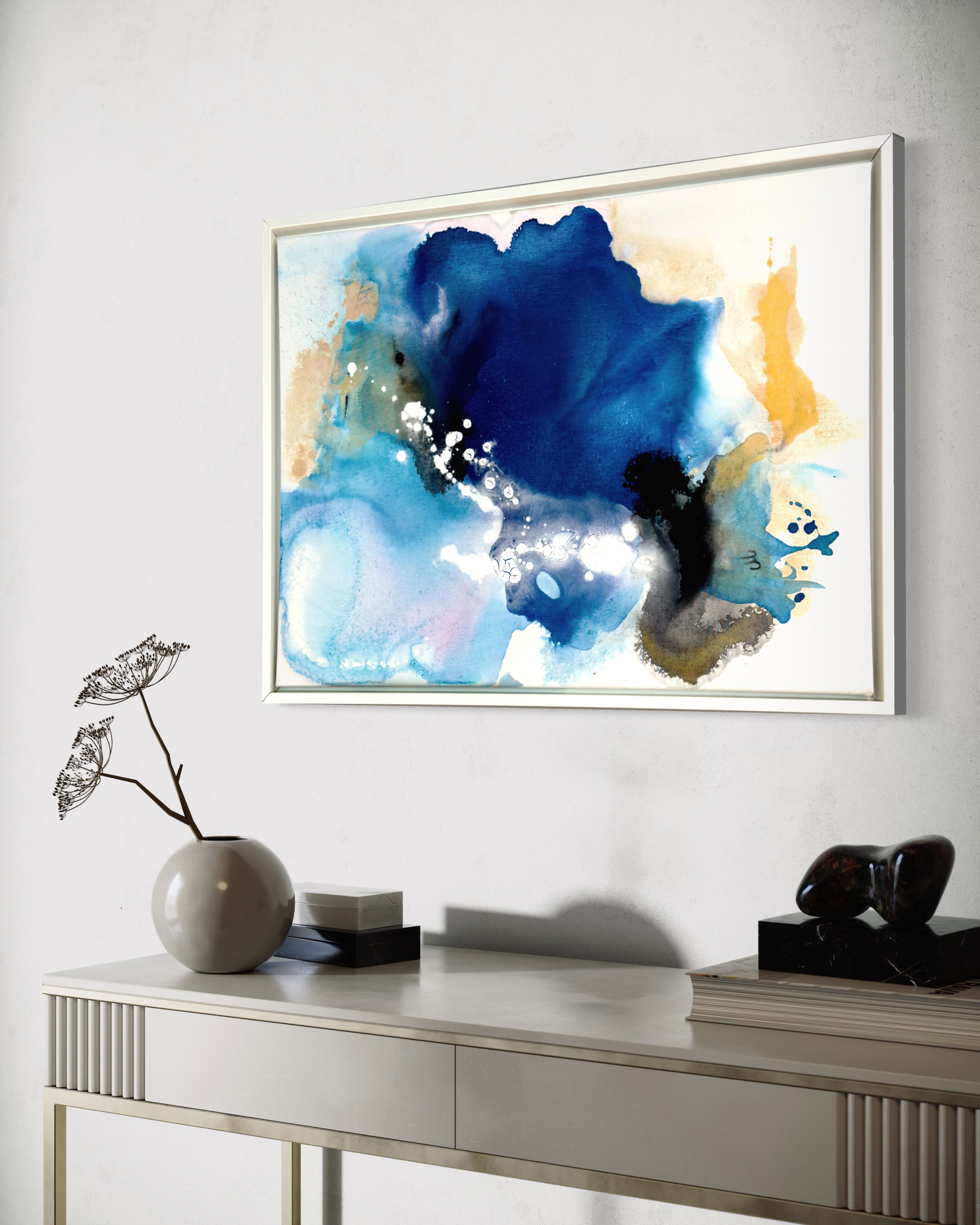 Abstract acrylic artwork in blues with white, black fluid streaks and blotches, evoking oceanic contrasts and ethereal luminosity. Abstrakt style, Acryl auf Leinwand.