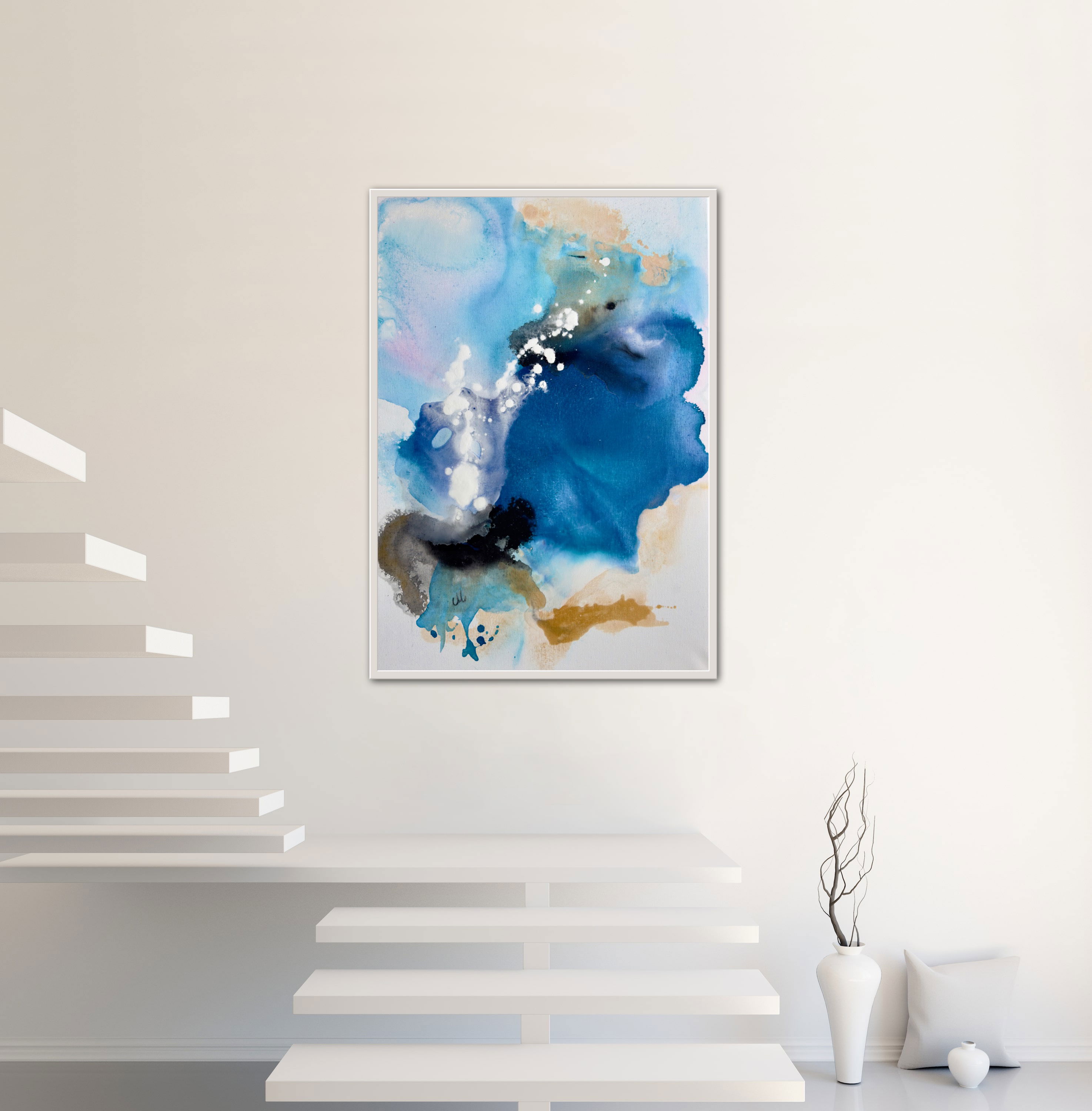 Abstract acrylic painting on canvas, depicting blue, white, black fluidity with ethereal streaks, blotches, and contrasting ocean-like hues. Abstrakt style, Acryl auf Leinwand.