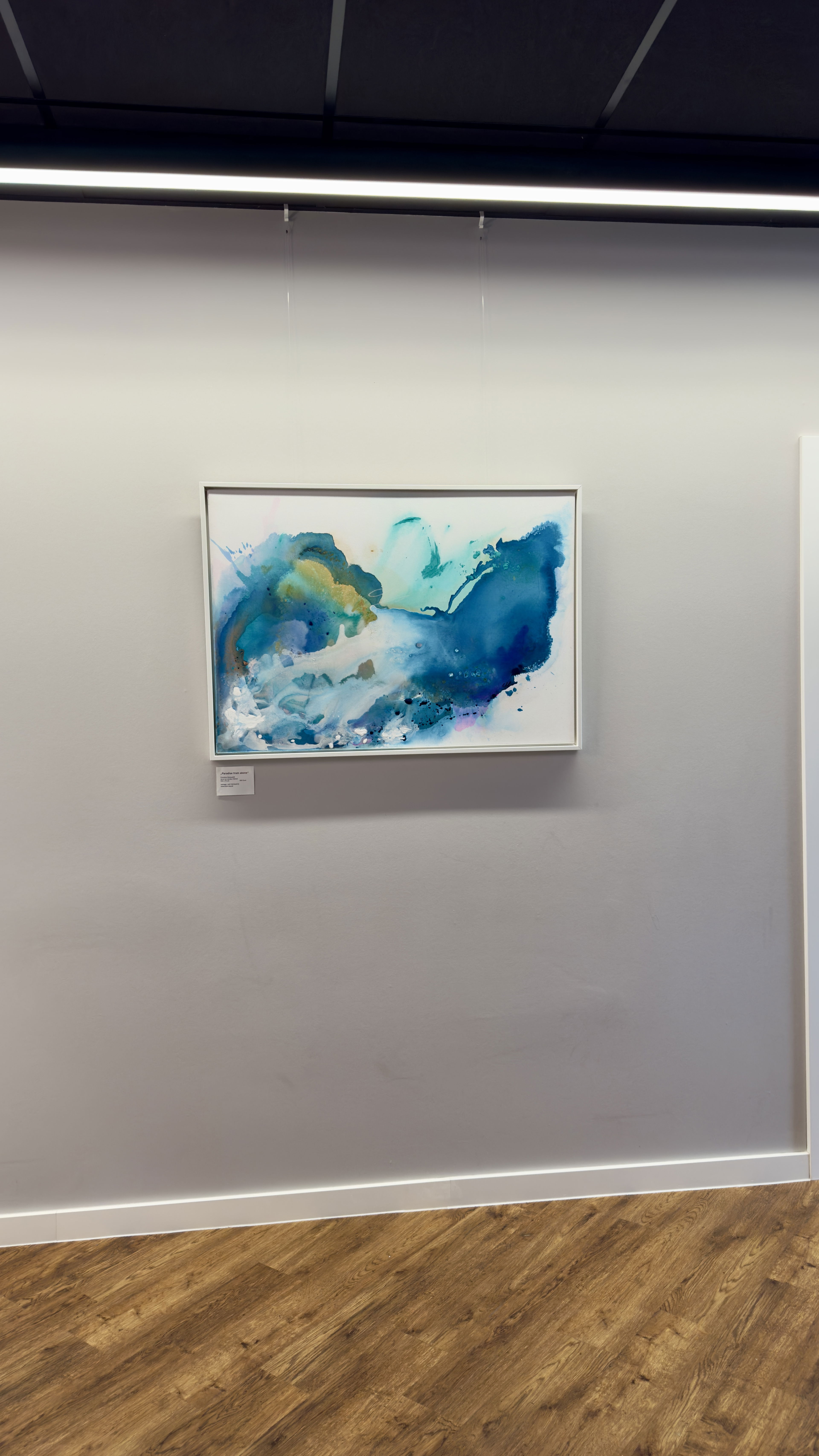 Abstract acrylic on canvas exudes oceanic mystique with fluid aquamarine hues, evoking serene depths and ethereal horizons blending into an azure dreamscape. Artwork style is Abstrakt and technique Acryl auf Leinwand.