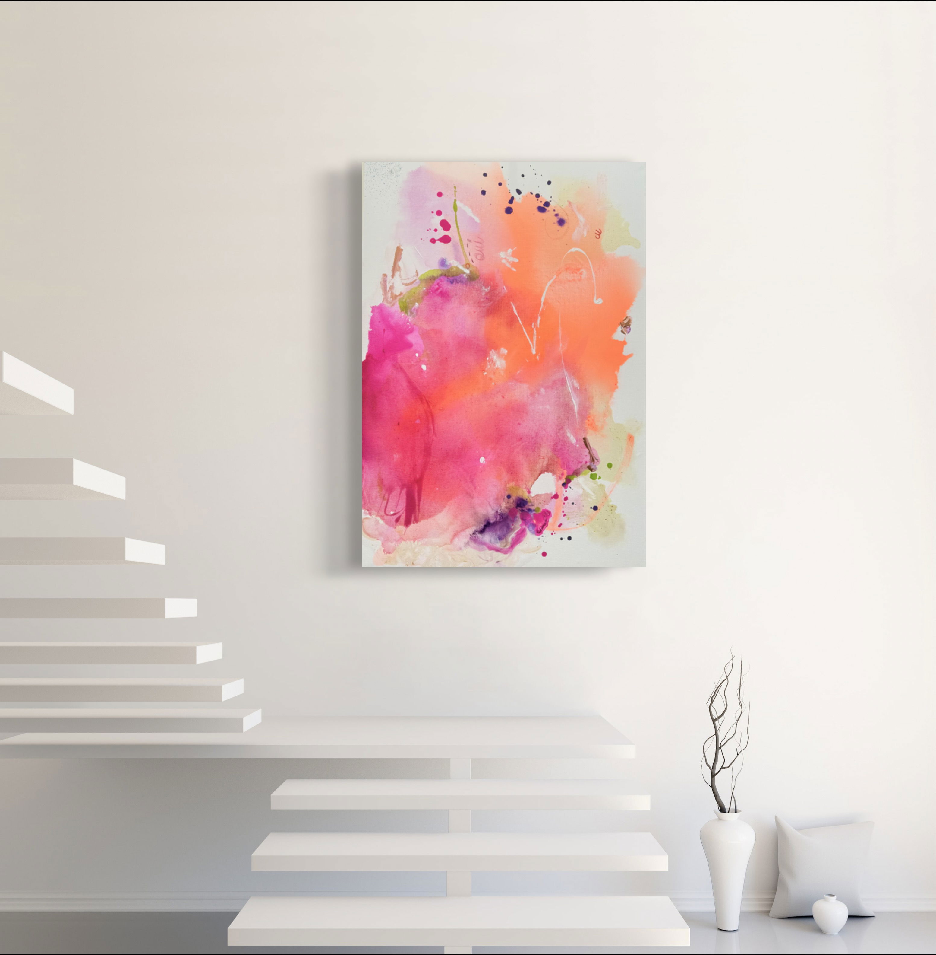 Abstract mixed media artwork on canvas with radiant fuchsia gradients, evoking fluidity, celestial cosmos, and serene pastel melodies. Abstrakt style, Mixed Media auf Leinwand.
