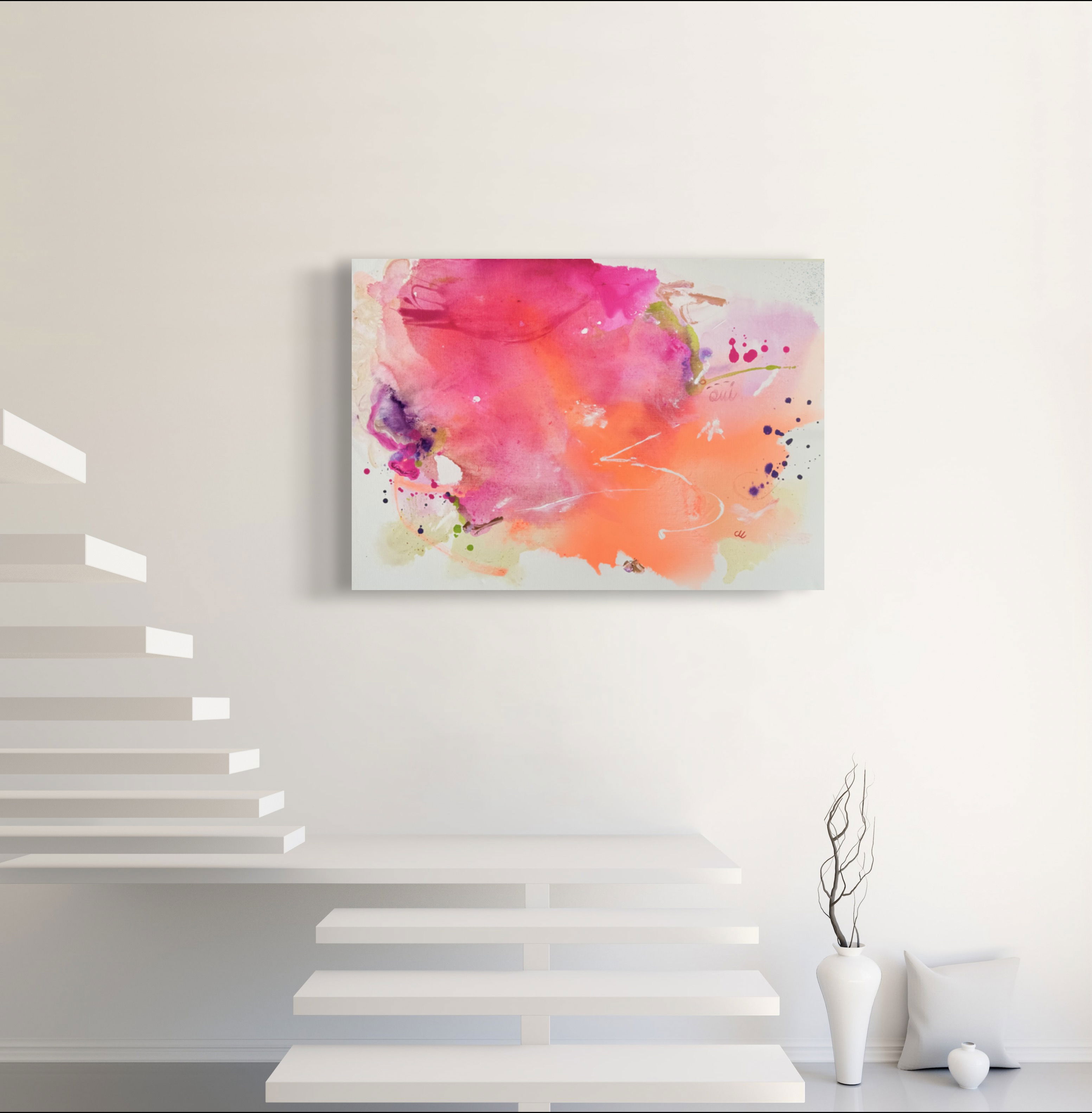 Abstract mixed media artwork on canvas with fuchsia, pastel, and fluid gradients; vibrant, serene, and celestial nuances in the piece. Abstrakt style, Mixed Media auf Leinwand.