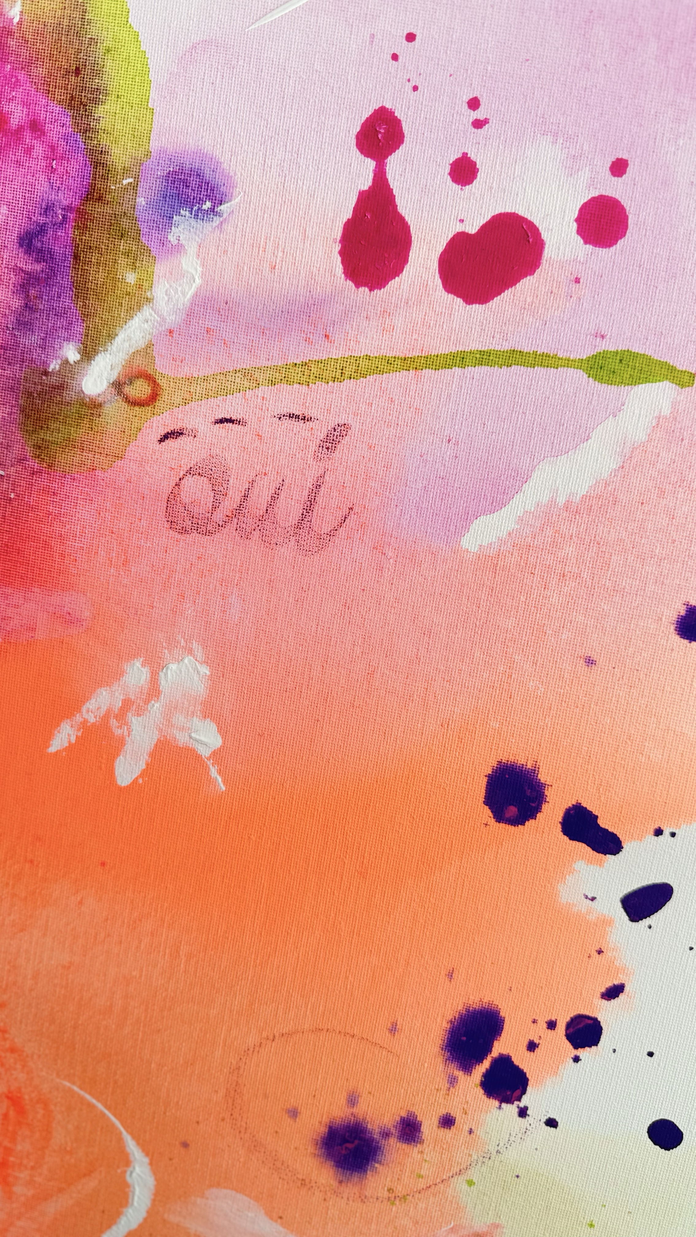 Abstract mixed media on canvas, a dance of fuchsia, lavender, and effusive pigments, with splashes of serenity and celestial whispers amidst vibrant overlays. Artwork style is Abstrakt and technique Mixed Media auf Leinwand.