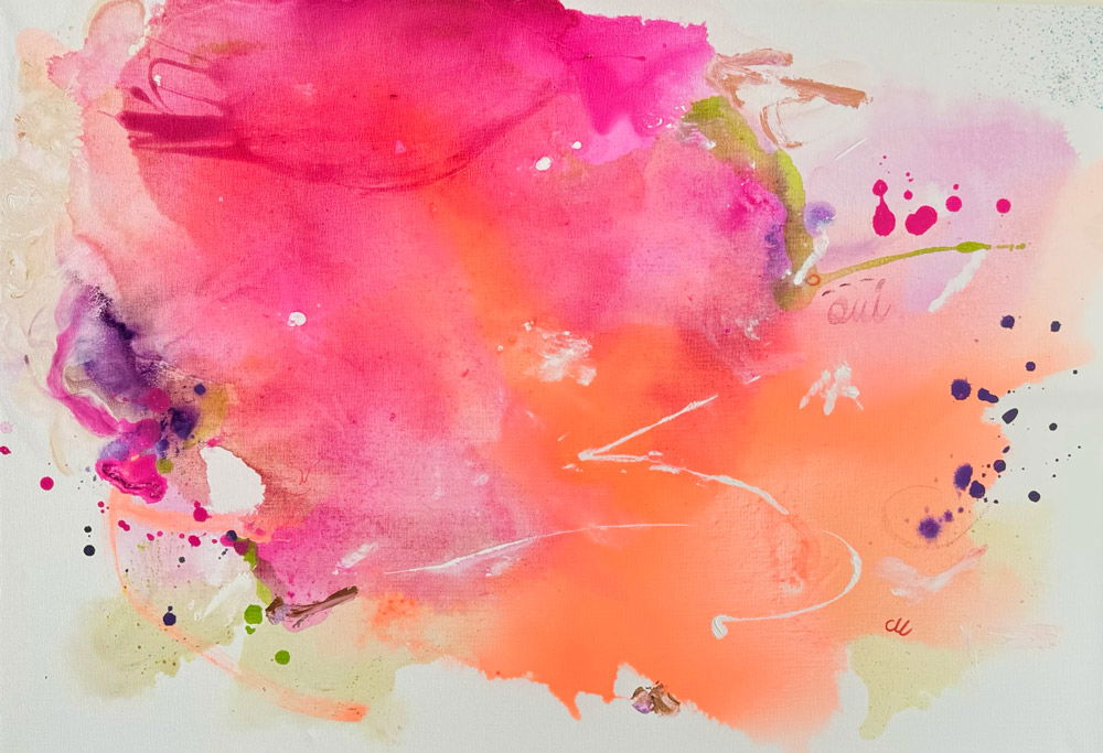 Abstract mixed media canvas with vibrant pink and orange gradients, dreamy watercolor splatters, energetic brushstrokes and fluid harmony. Abstrakt style, Mixed Media.