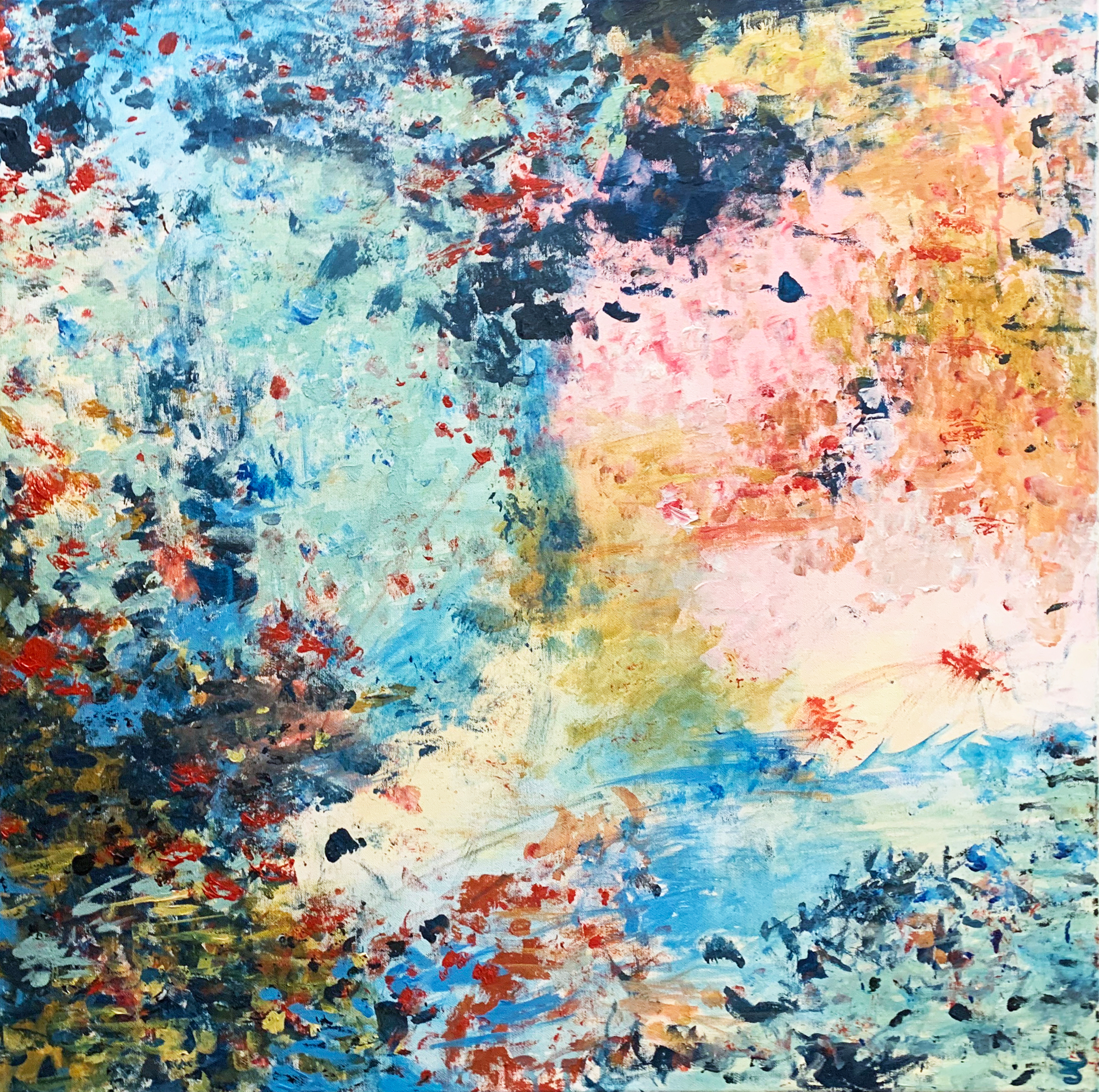 Abstract acrylic canvas with pastel textures in light blue, coral, and navy. Vivid and tranquil brushstrokes form a dynamic dreamscape. Abstrakt style, Acryl auf Leinwand.