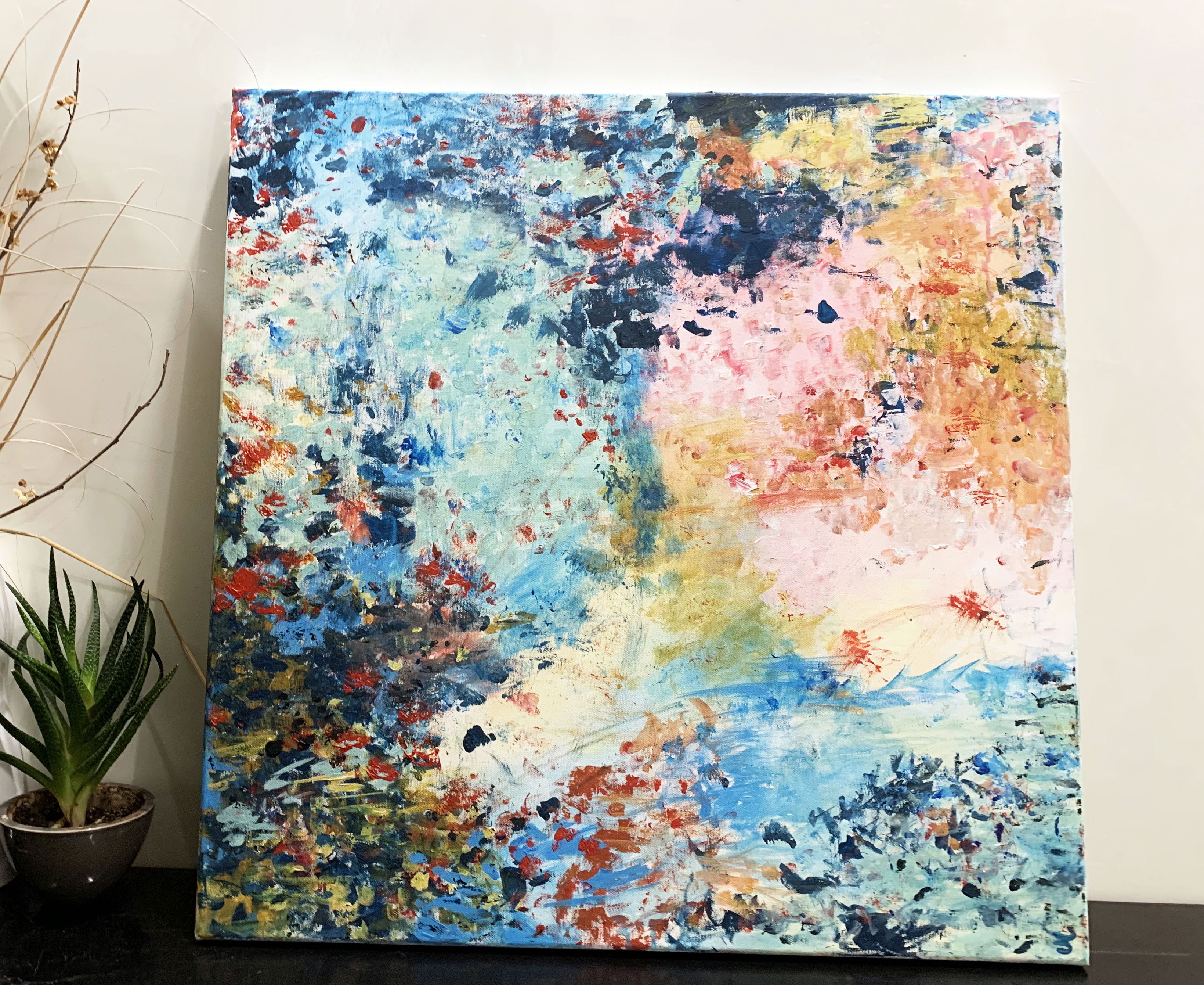 Abstract acrylic painting blending pastel hues of light blue, coral, and turquoise with dynamic brushstrokes and vibrant texture. Abstrakt style, Acryl auf Leinwand.