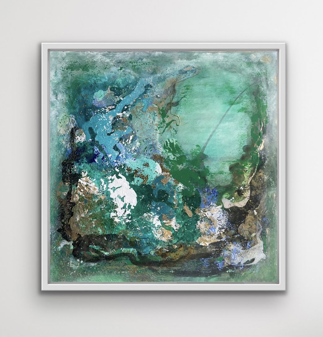 Abstract acrylic painting on canvas, featuring a mesmerizing blend of turquoise, aquamarine, and verdant hues evoking fluidity and depth, reminiscent of an ethereal grotto. Artwork style is Abstrakt and technique Acryl auf Leinwand.