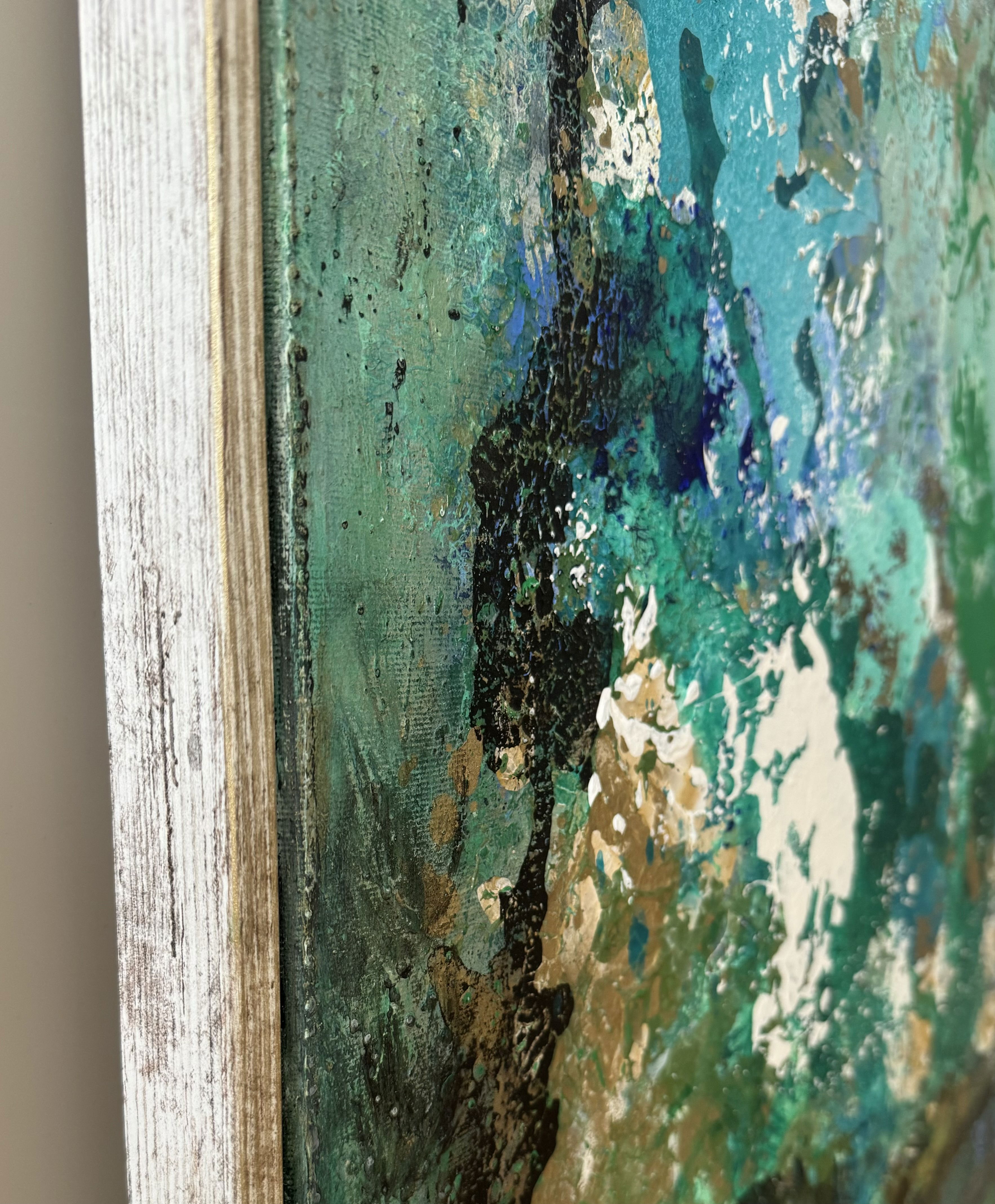 Abstract acrylic painting on canvas blends turquoise, verdant, and azure hues, evoking fluidity and depth, reminiscent of an ethereal patina-covered grotto. Artwork style is Abstrakt and technique Acryl auf Leinwand.