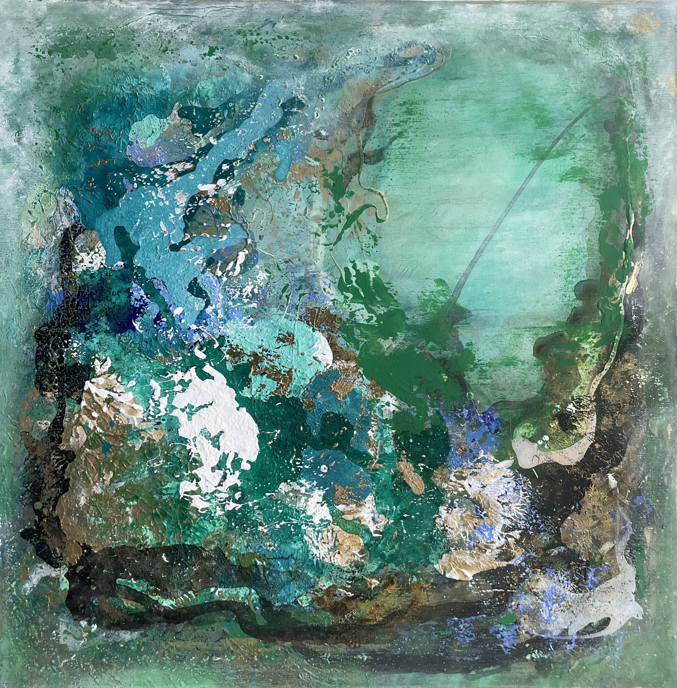 Abstract acrylic painting on canvas showcasing a fluid and sinuous dance of turquoise, aquamarine, and verdant hues, evoking a mystical and ethereal depth. Artwork style is Abstrakt and technique Acryl auf Leinwand.