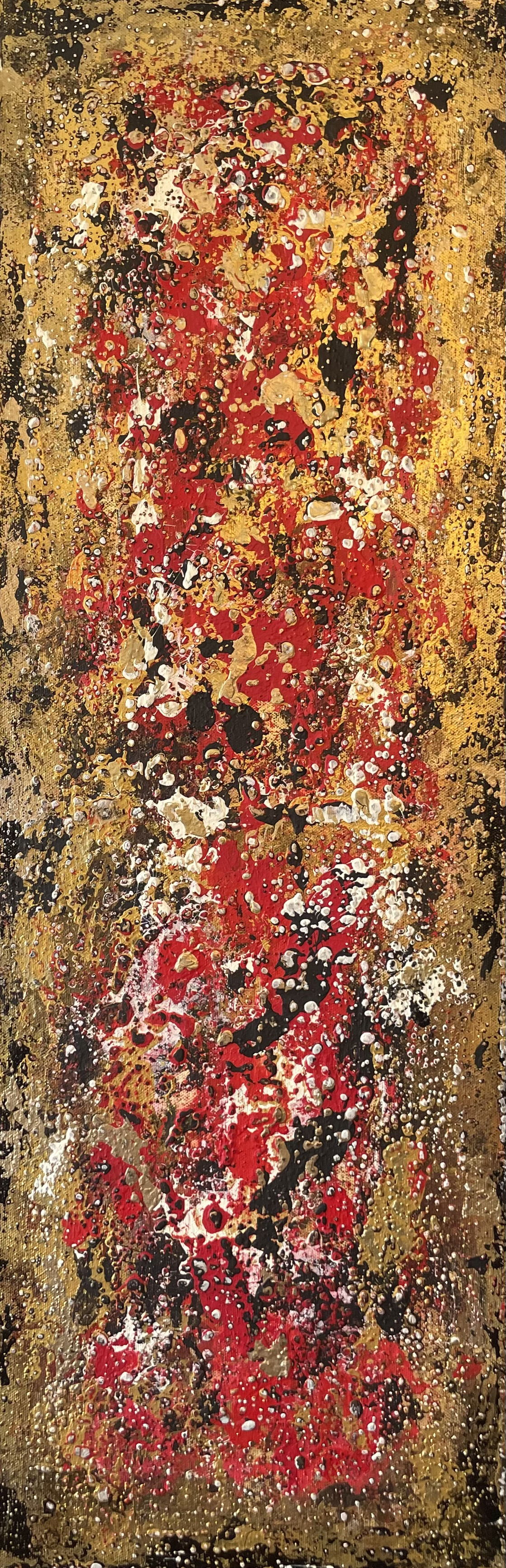 An abstract artwork using palette knife techniques, rich in red, gold, and black hues, with intricate textures and layers exuding chaos and depth through bold strokes and fluidity. Artwork style - Abstrakt and technique Spachteltechnik.