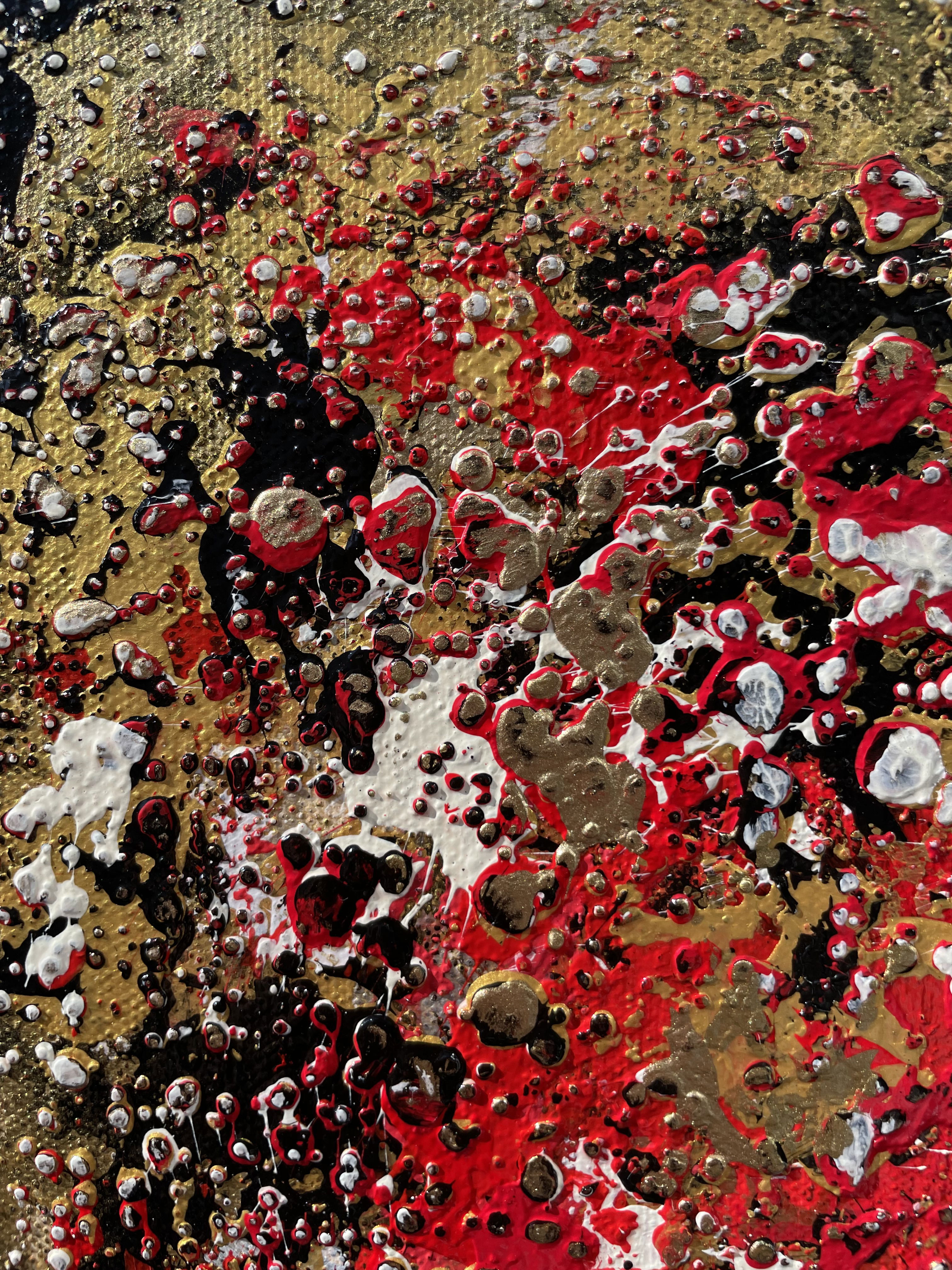A vibrant abstract painting utilizing palette knife techniques, showcasing chaotic layers of red, gold, black, and white with intense texture and fluid, spontaneous splatters. Artwork style - Abstrakt and technique Spachteltechnik.