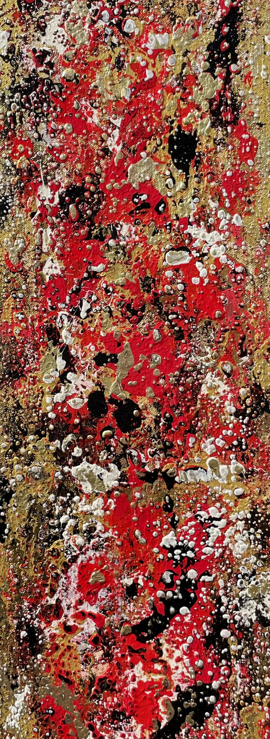 A vibrant abstract artwork in palette knife technique showcasing a tumultuous interplay of red, gold, black, and white. Textured layers and splatters evoke intensity and depth. Artwork style - Abstrakt and technique Spachteltechnik.