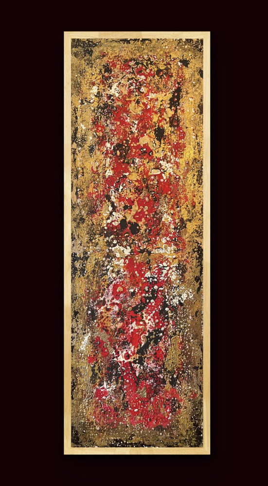 Vividly rendered through palette knife strokes, this abstract artwork bursts with texture, contrasting layers of crimson, gold, and black, creating a chaotic yet harmonious visual symphony. Artwork style - Abstrakt and technique Spachteltechnik.