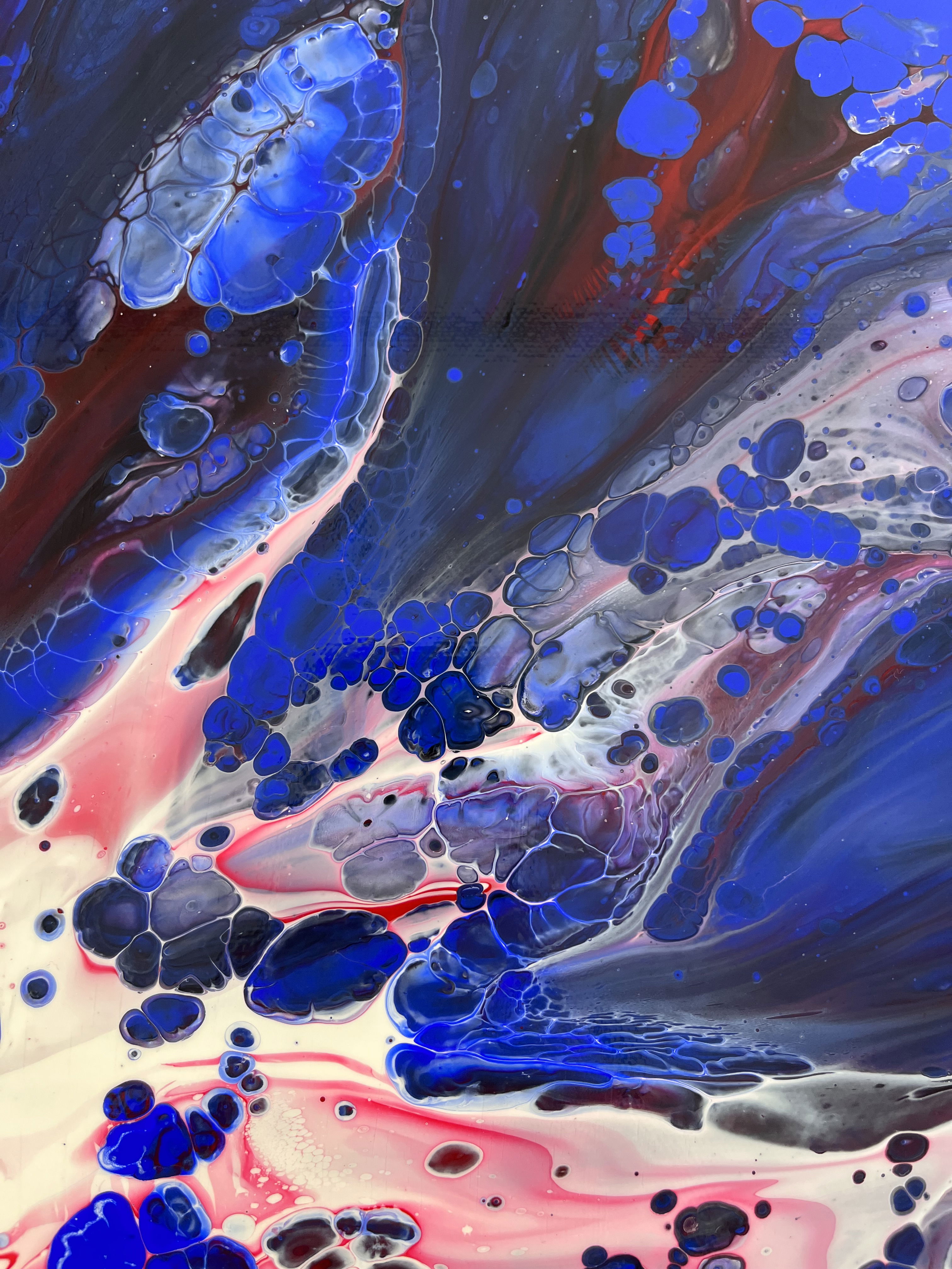 Dynamic abstract acrylic painting on canvas featuring deep azure and crimson hues, embodying a cosmic dance of fluidity, marbling, and shimmering veils. Artwork style is Abstrakt and technique Acryl auf Leinwand.