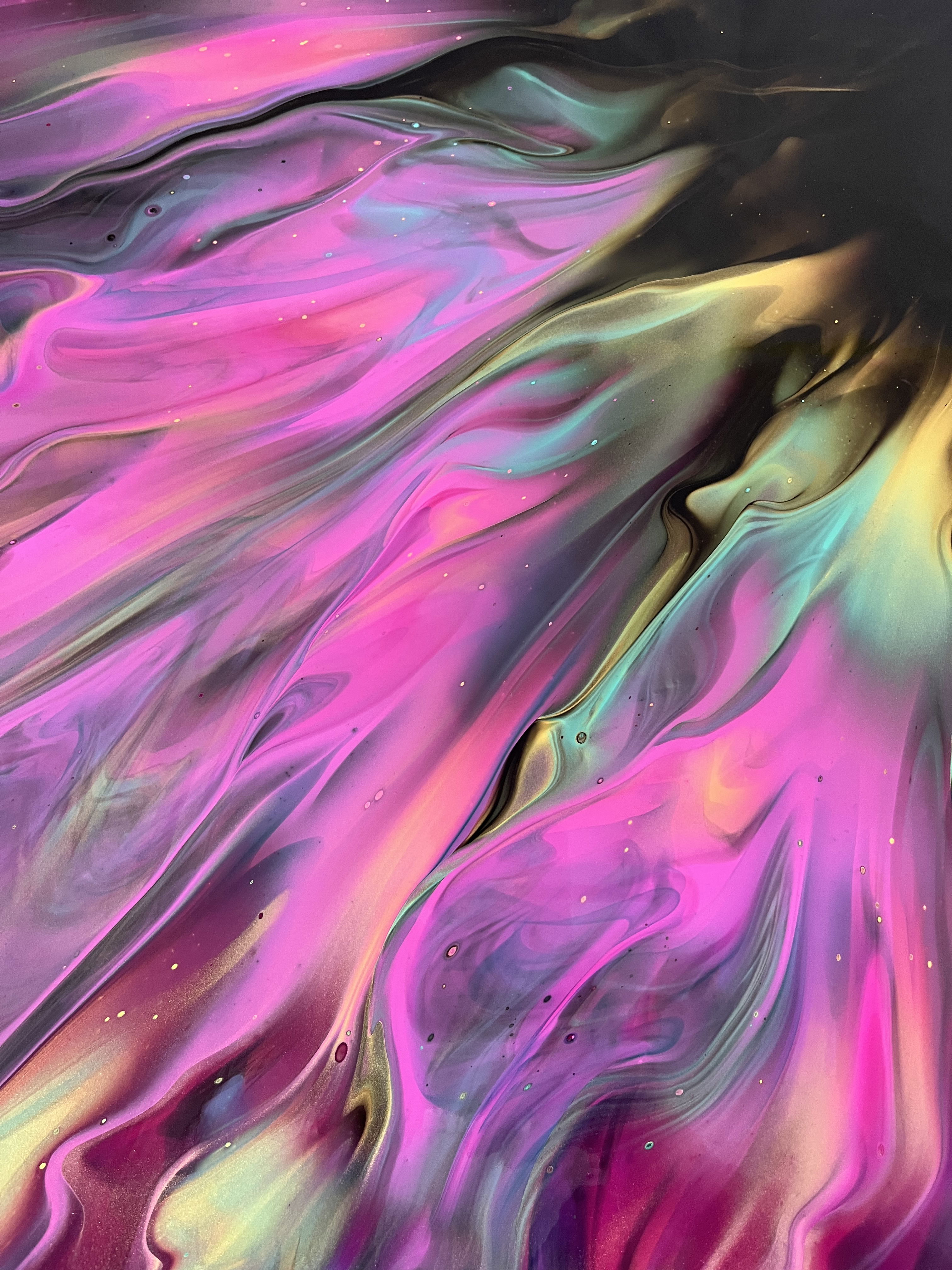 A mesmerizing abstract acrylic painting featuring ethereal neon colors flowing fluidly, evoking cosmic tendrils of iridescent energy and enigma. Artwork style is Abstrakt and technique Acryl auf Leinwand.