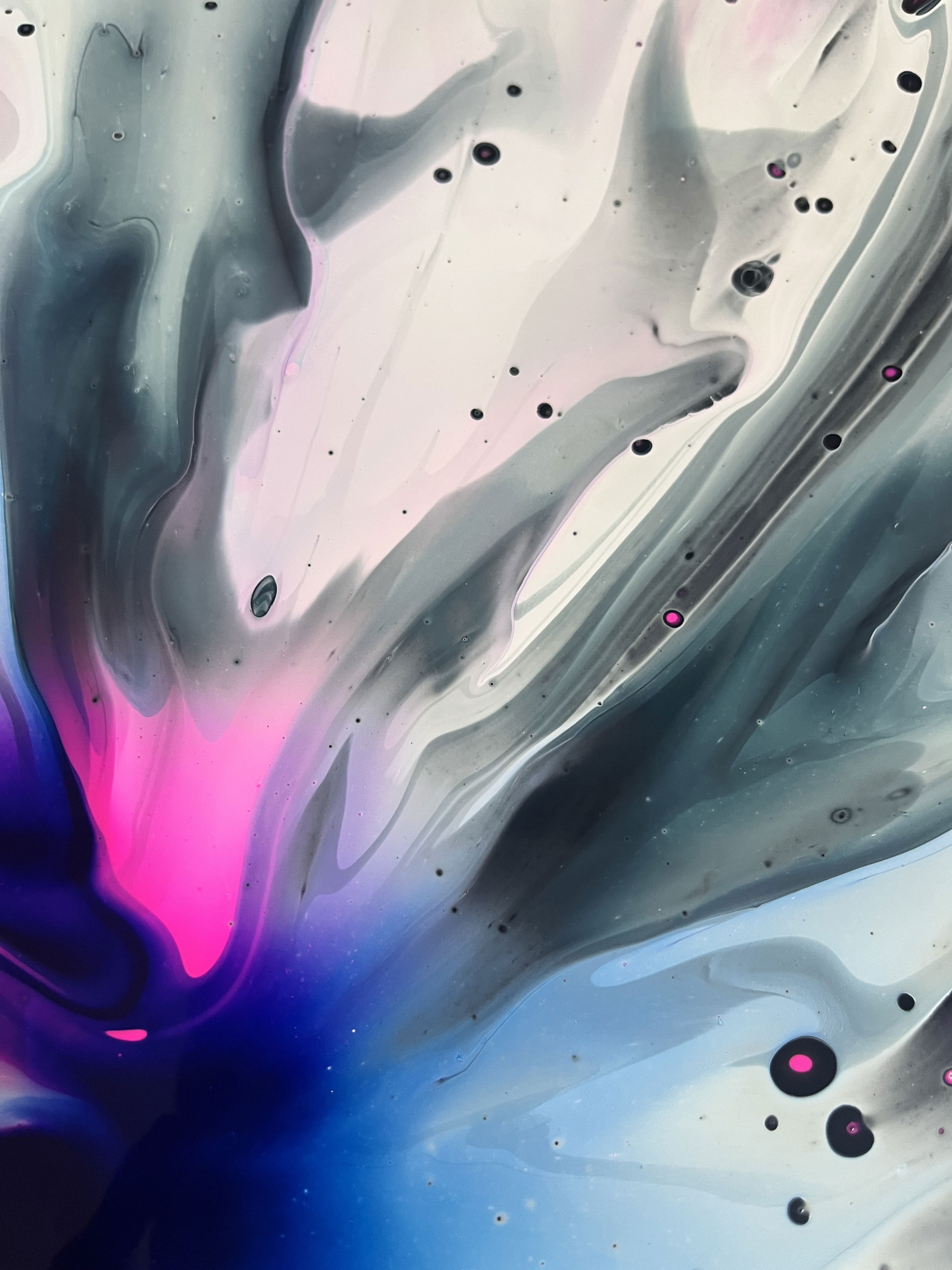 Swirling abstract acrylic on canvas, fusing cerulean and magenta hues; a fluid dance mimicking a cosmic nebula, with rich depth and ethereal luminosity. Artwork style is Abstrakt and technique Acryl auf Leinwand.