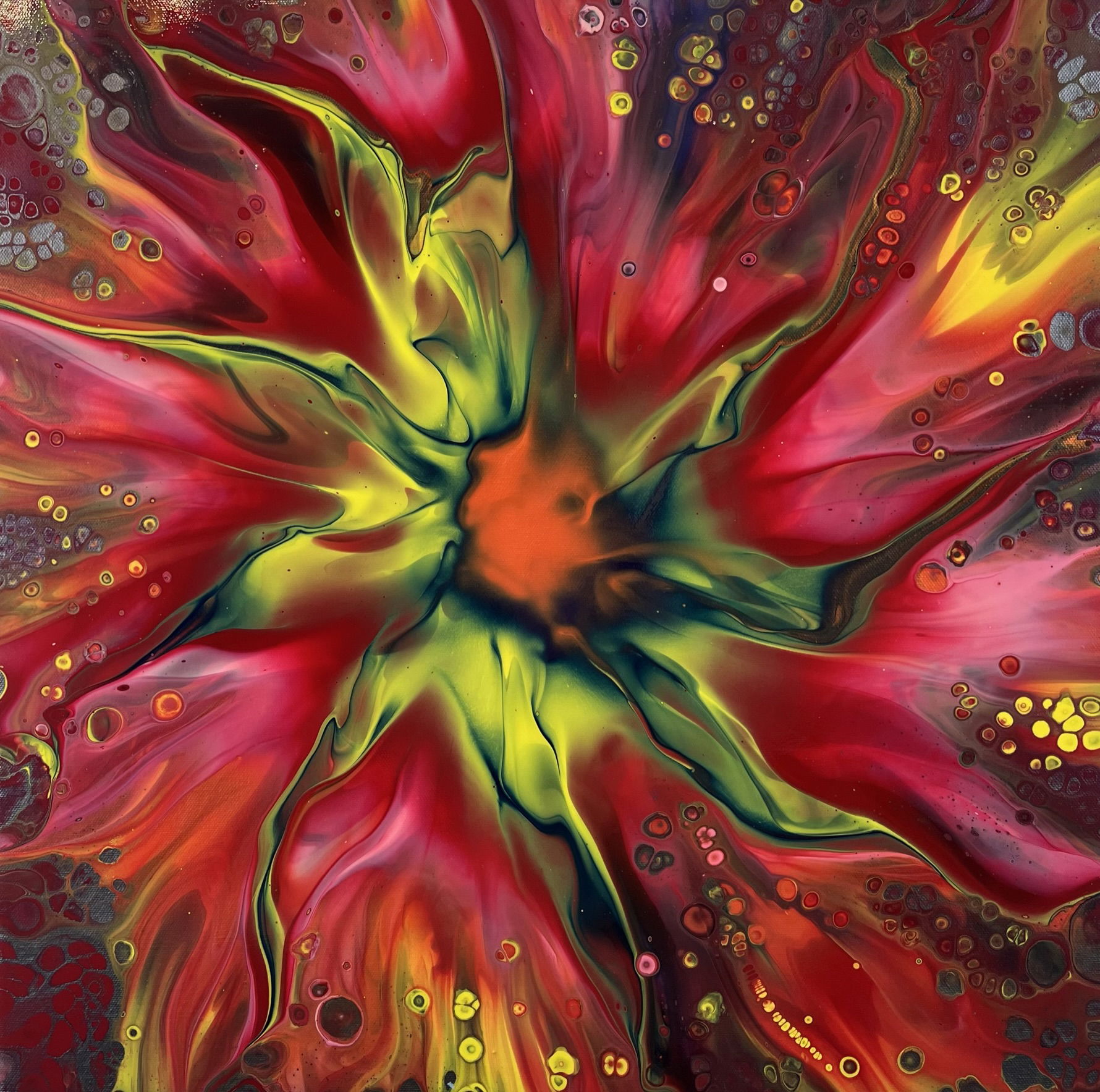 A vibrant abstract acrylic painting on canvas, featuring swirling vortexes of crimson, emerald, and citrine, resembling a cosmic burst of radiant energy. Artwork style is Abstrakt and technique Acryl auf Leinwand.