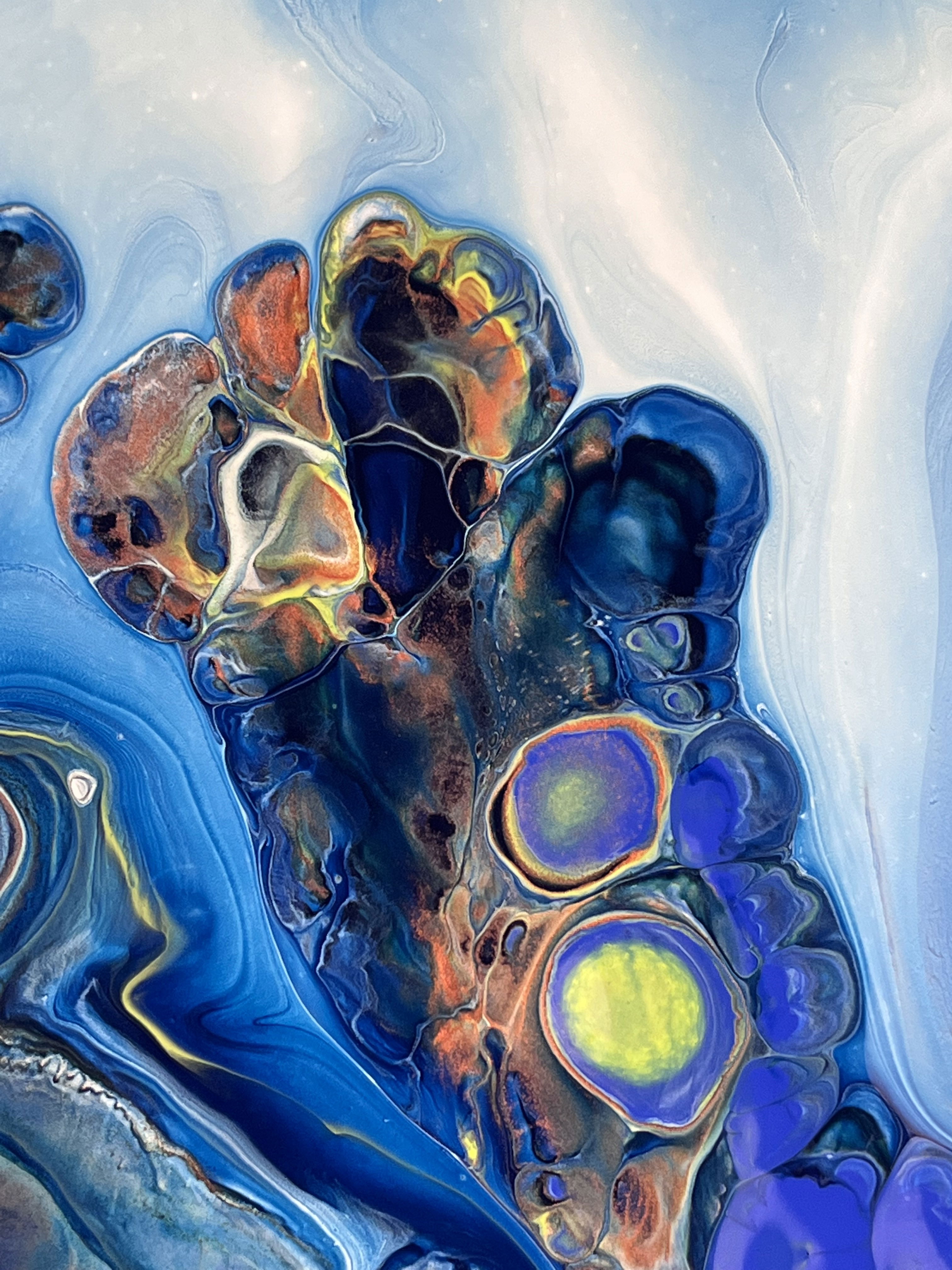 Abstract acrylic on canvas, flowing azure and cerulean hues twirl in a cosmic dance, evoking a luminous nebula, blending iridescence with ethereal fluidity. Artwork style is Abstrakt and technique Acryl auf Leinwand.