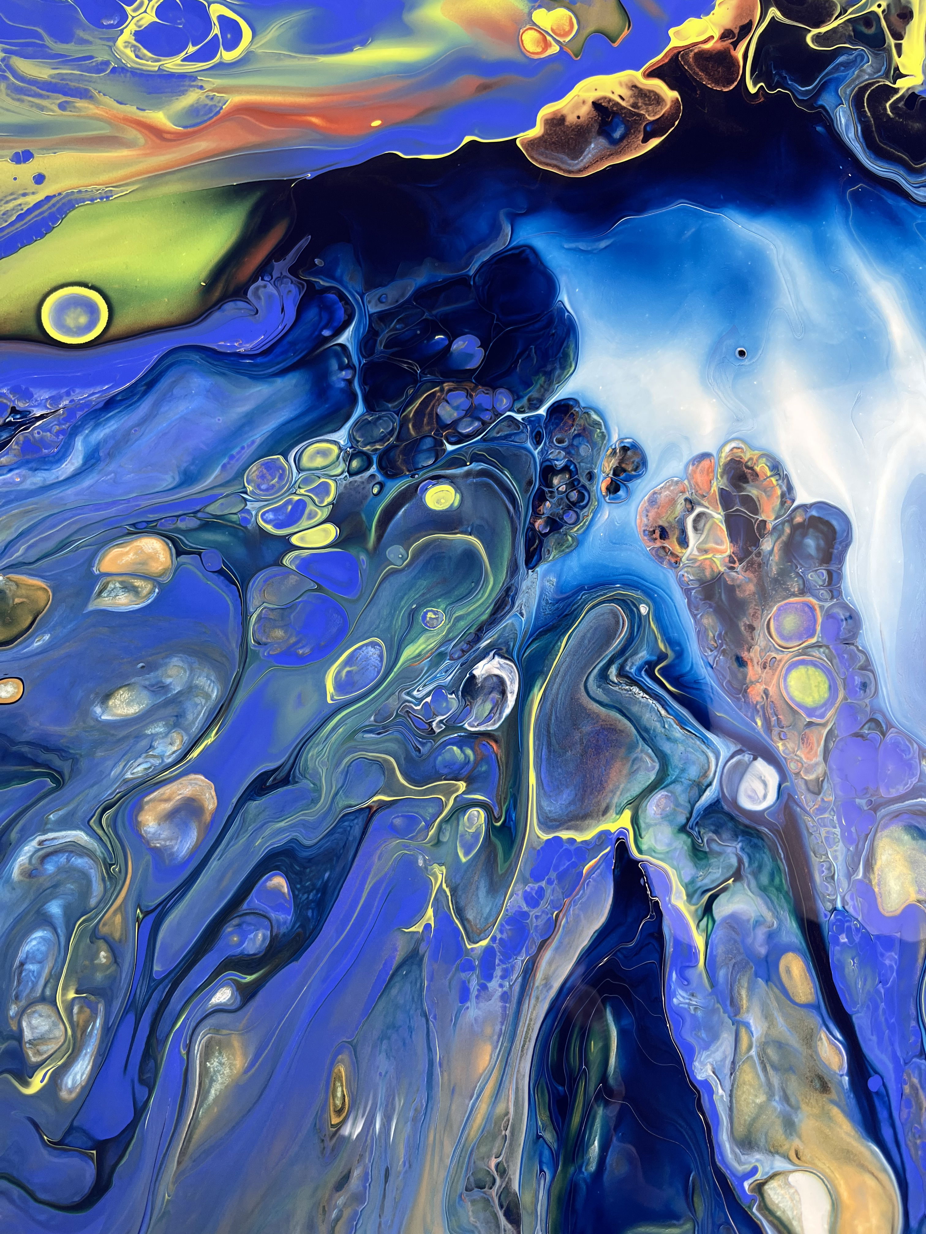 Abstract acrylic painting on canvas, a vibrant celestial whirl of azure, cerulean, and luminous hues, evoking cosmic fluidity and ethereal nebula formations. Artwork style is Abstrakt and technique Acryl auf Leinwand.