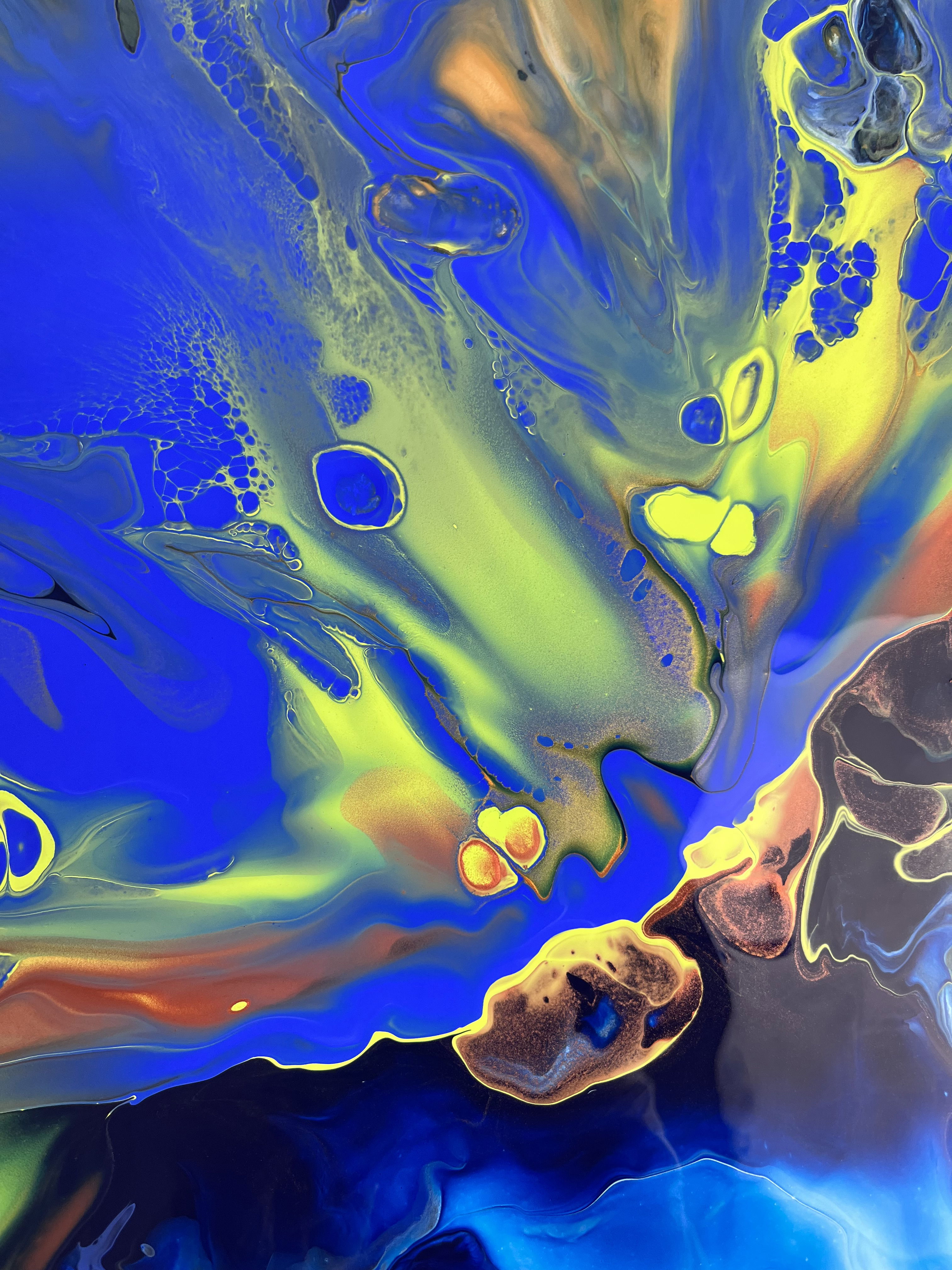 Acrylic abstract painting on canvas, evoking a luminous celestial vortex with swirling azure, cerulean, and iridescent hues, reminiscent of a cosmic nebula. Artwork style is Abstrakt and technique Acryl auf Leinwand.