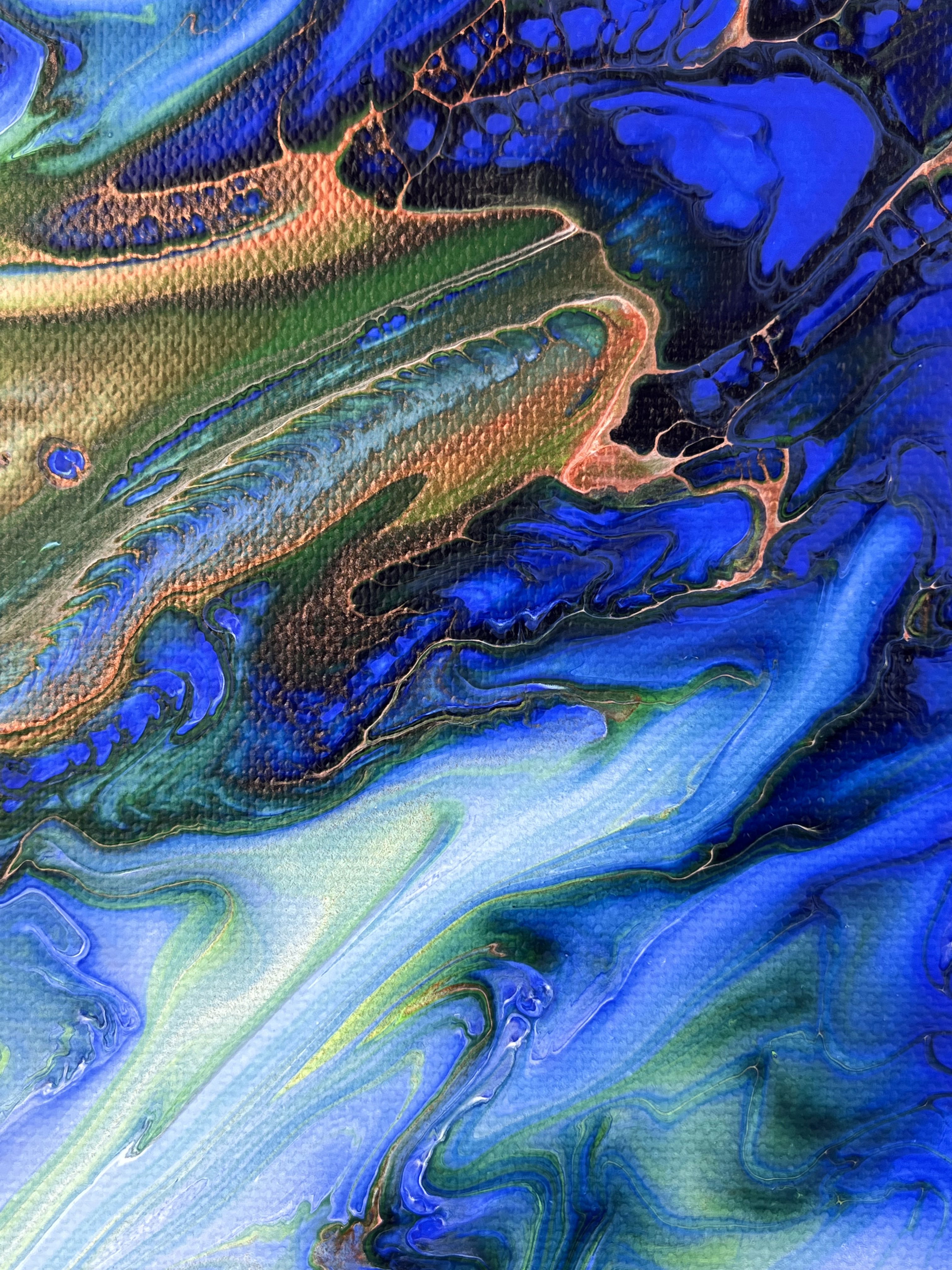 Abstract acrylic on canvas, a vivid dance of cobalt and copper, evoking cosmic fluidity and depth, with a harmonious interplay of textures reminiscent of a nebula. Artwork style is Abstrakt and technique Acryl auf Leinwand.