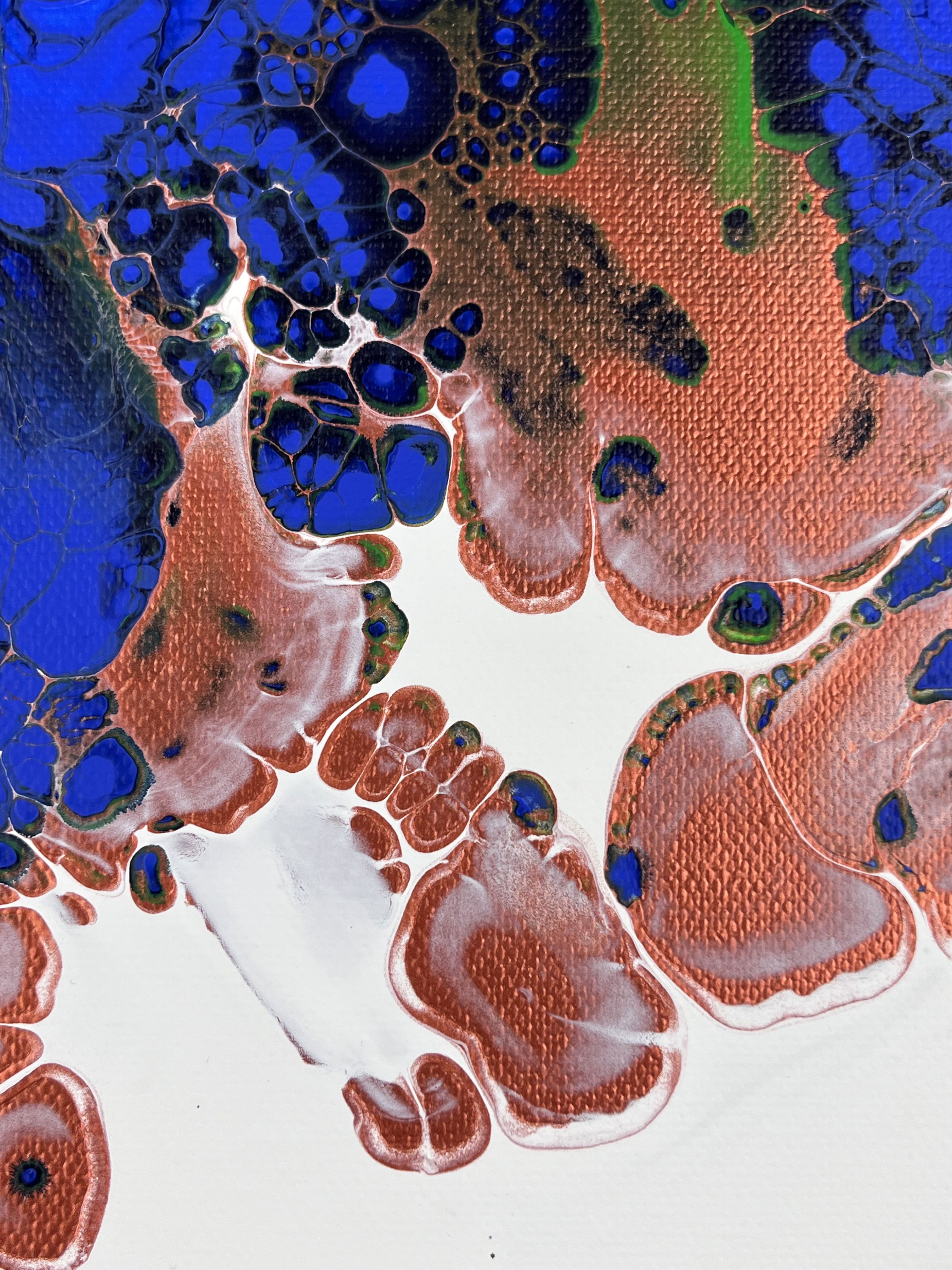 Acrylic on canvas abstract: a dynamic interplay of cobalt blue and copper hues in fluid forms, evoking cosmic depths, organic textures, and swirling nebula-like expanses. Artwork style is Abstrakt and technique Acryl auf Leinwand.