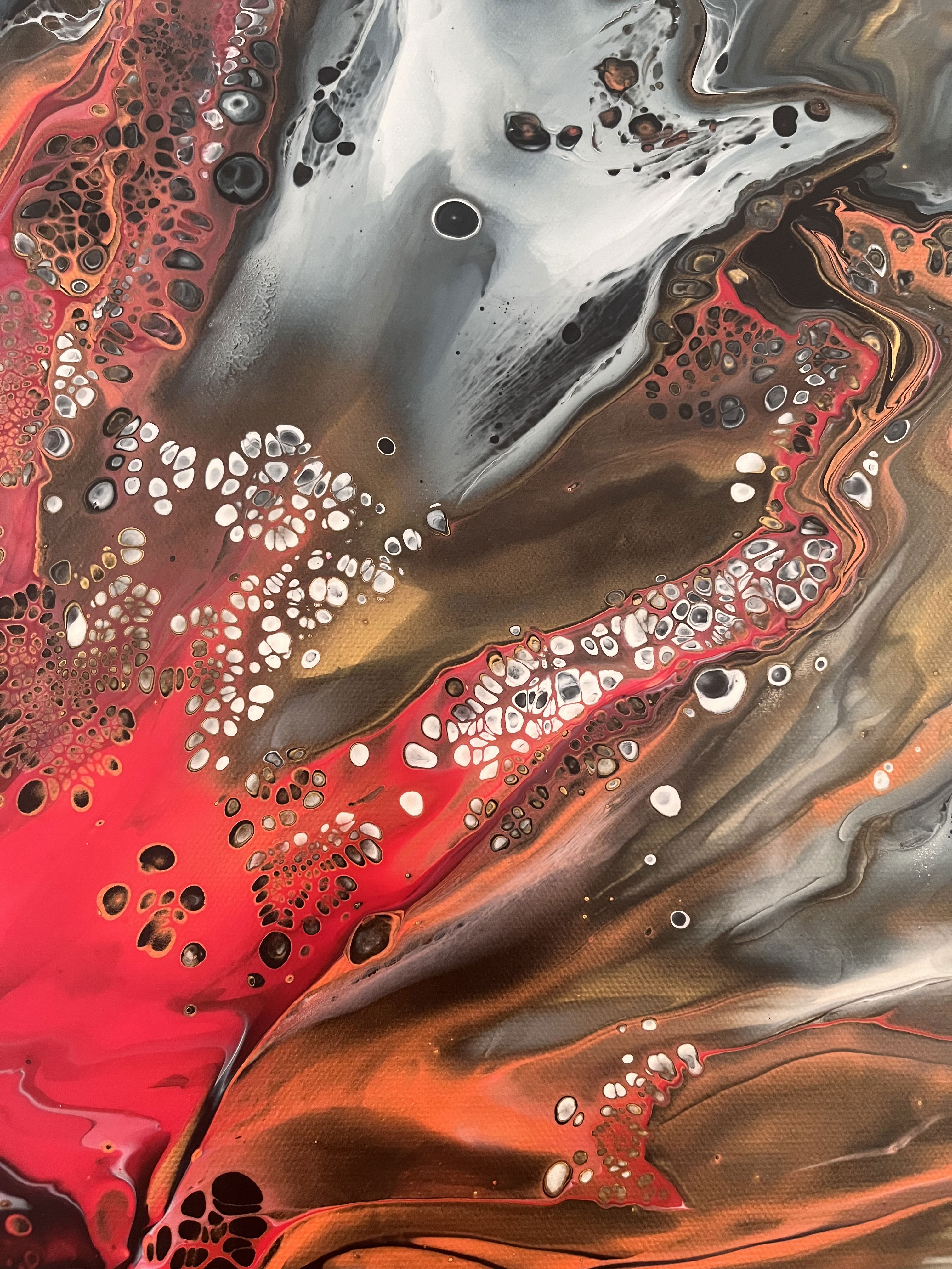 Abstract acrylic on canvas showing a fluid interplay of crimson, ebony, and molten gold, with chaotic eruptions and spectral tendrils evoking fiery metamorphosis. Artwork style is Abstrakt and technique Acryl auf Leinwand.