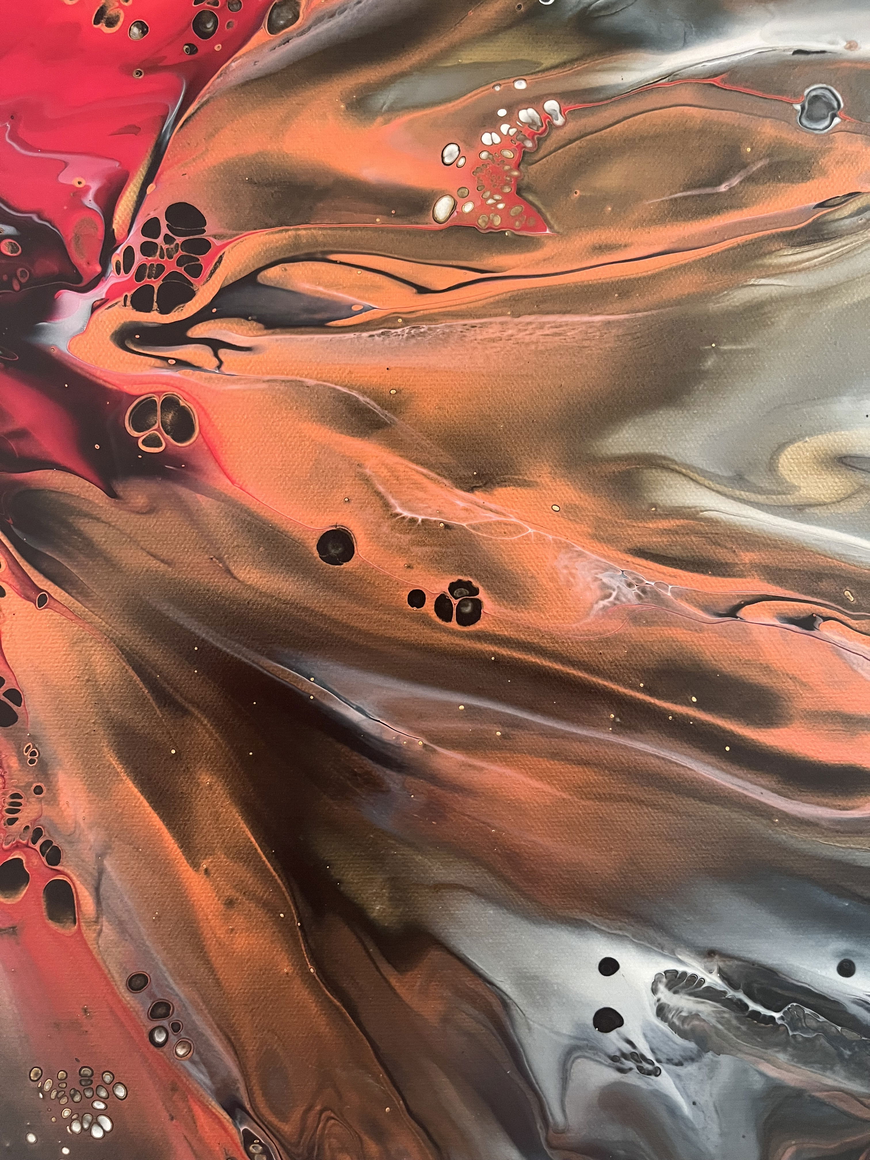 Abstract acrylic masterpiece on canvas with swirling crimson and ebony tendrils, evoking fluidity, chaos, and the metamorphic beauty of molten lava. Artwork style is Abstrakt and technique Acryl auf Leinwand.
