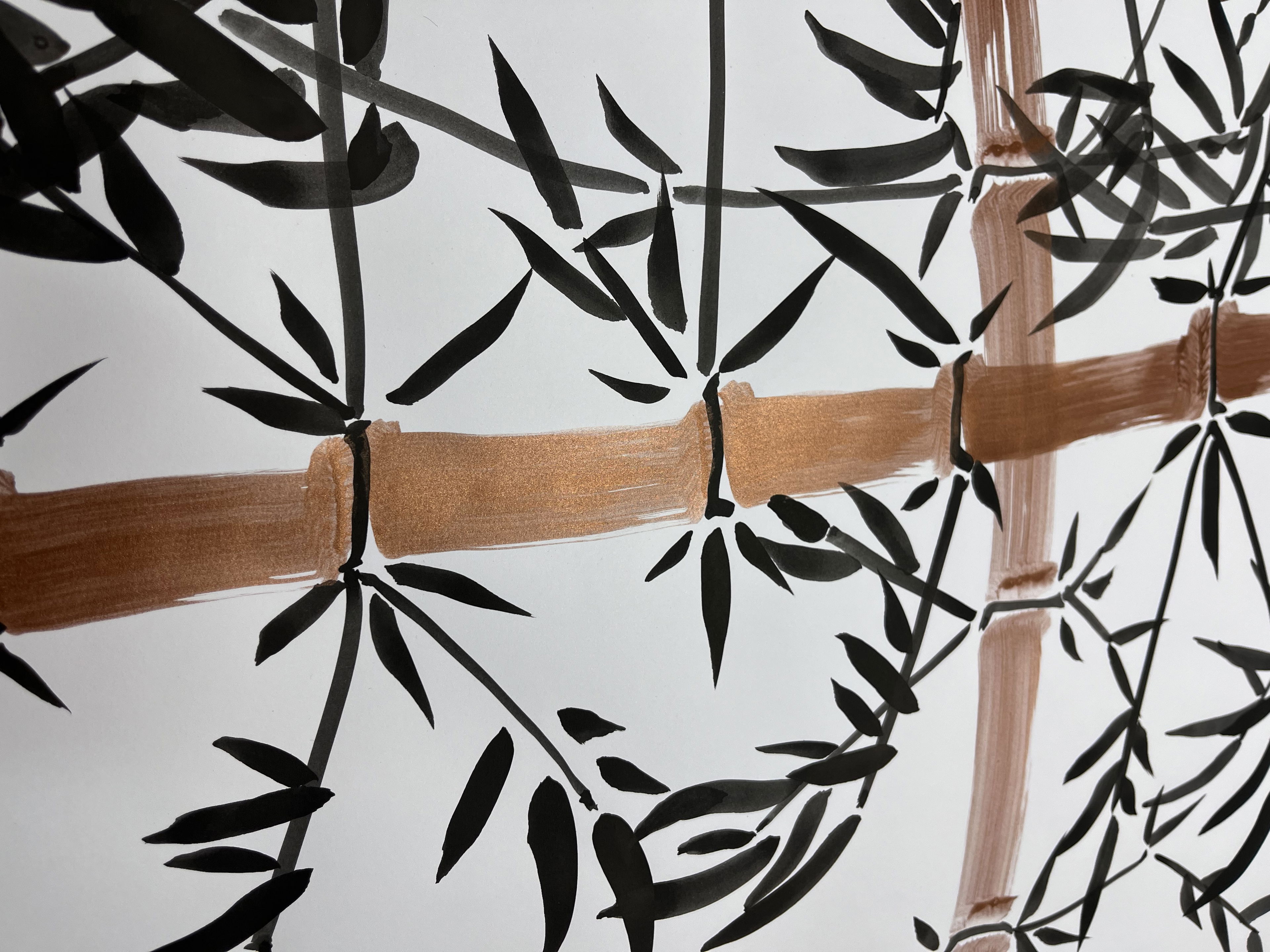 Abstract ink painting on paper portraying minimalist bamboo branches and leaves, capturing the serene essence of nature's fluidity and monochrome elegance. Artwork style is Abstrakt and technique Tinte auf Papier.