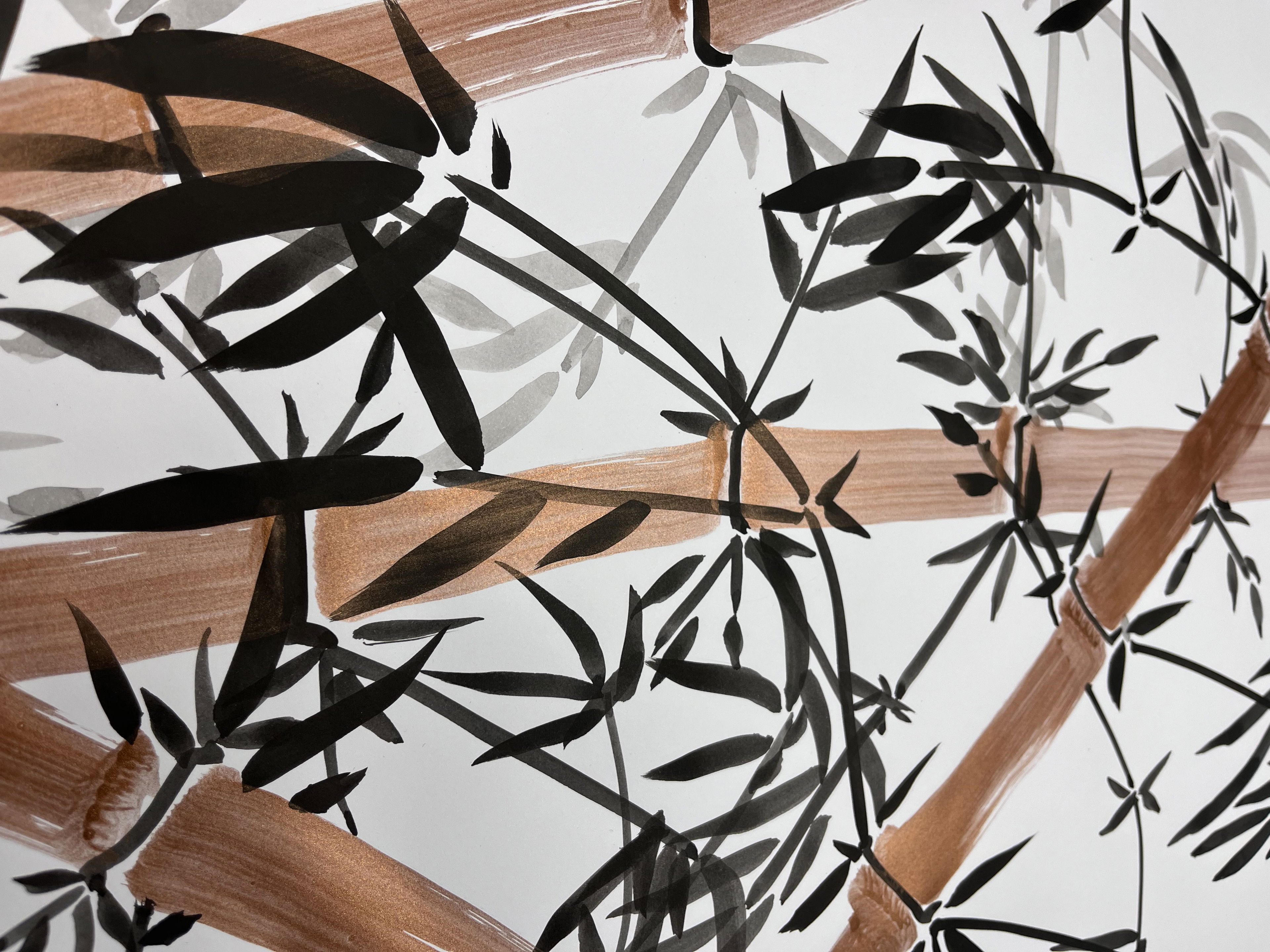 A monochrome ink depiction of bamboo leaves and branches, evoking zen simplicity and fluid tranquility on paper with contrasting black and earthy tones. Artwork style is Abstrakt and technique Tinte auf Papier.