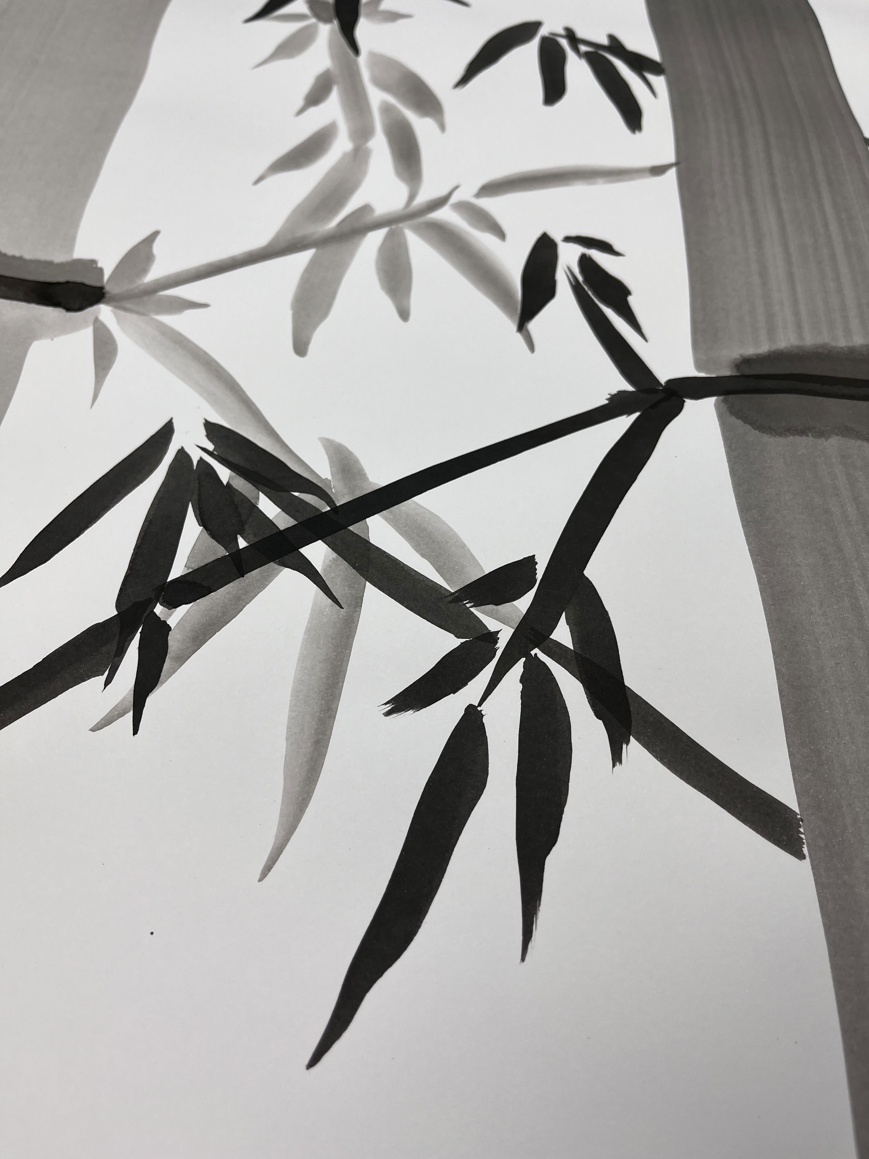 Monochrome ink painting of graceful bamboo leaves exuding tranquility and elegance, embodying zen and minimalism through delicate brushstrokes and serene shadows. Artwork style is Abstrakt and technique Tinte auf Papier.