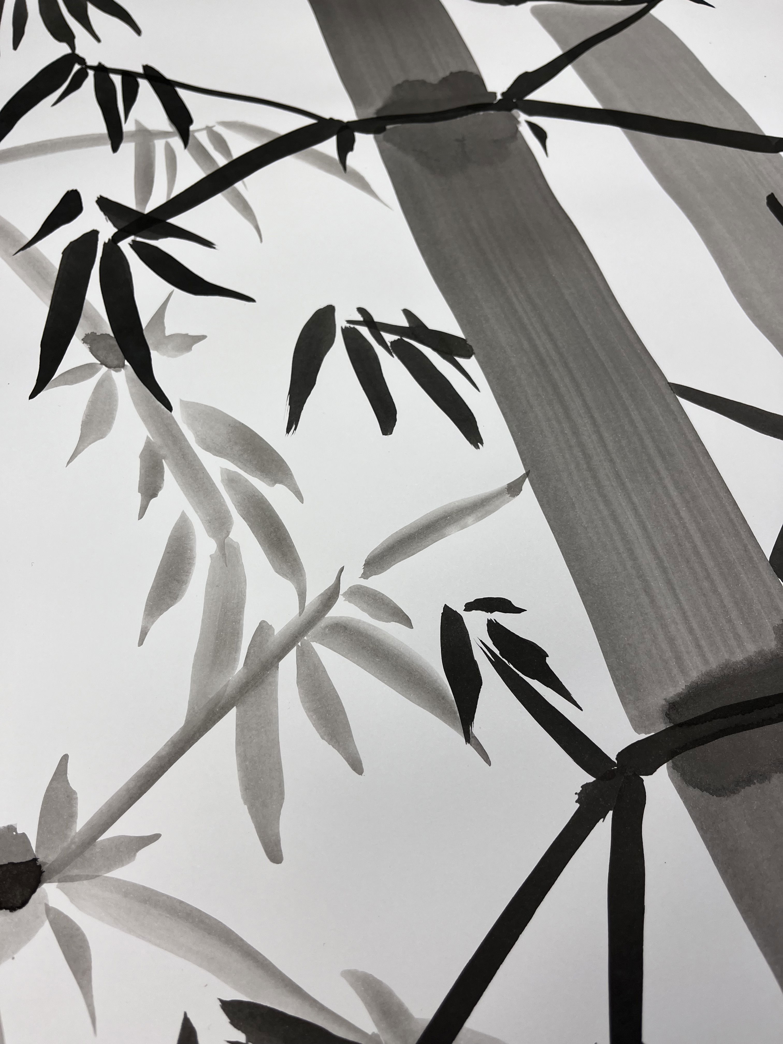 Monochrome ink artwork depicting bamboo branches, capturing calm serenity and zen-like simplicity through graceful brushstrokes and natural elegance. Artwork style is Abstrakt and technique Tinte auf Papier.