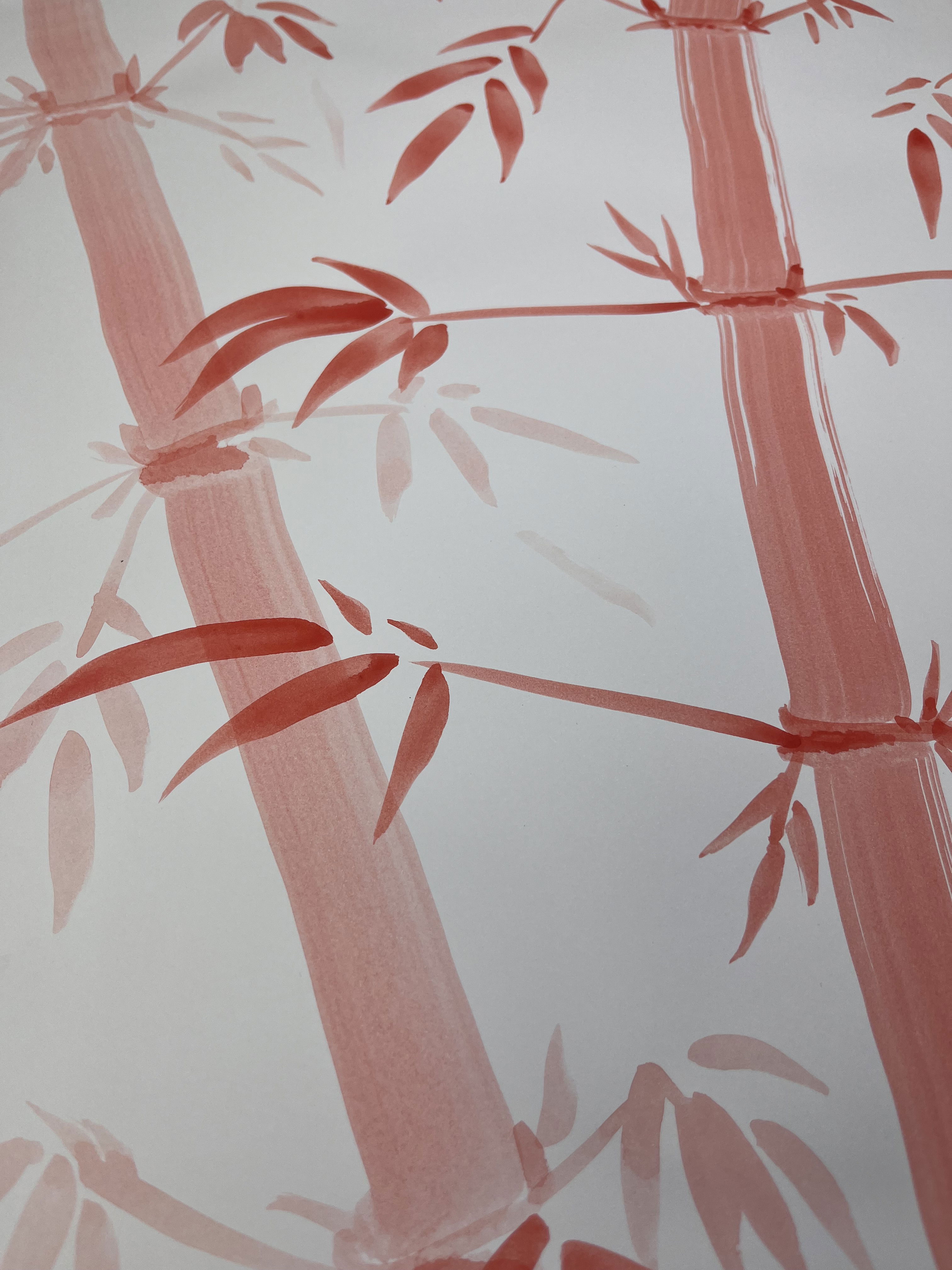 Abstract ink artwork on paper featuring ethereal, translucent bamboo with elegant brushstrokes, embracing stillness and serenity in a zen-inspired minimalism. Artwork style is Abstrakt and technique Tinte auf Papier.