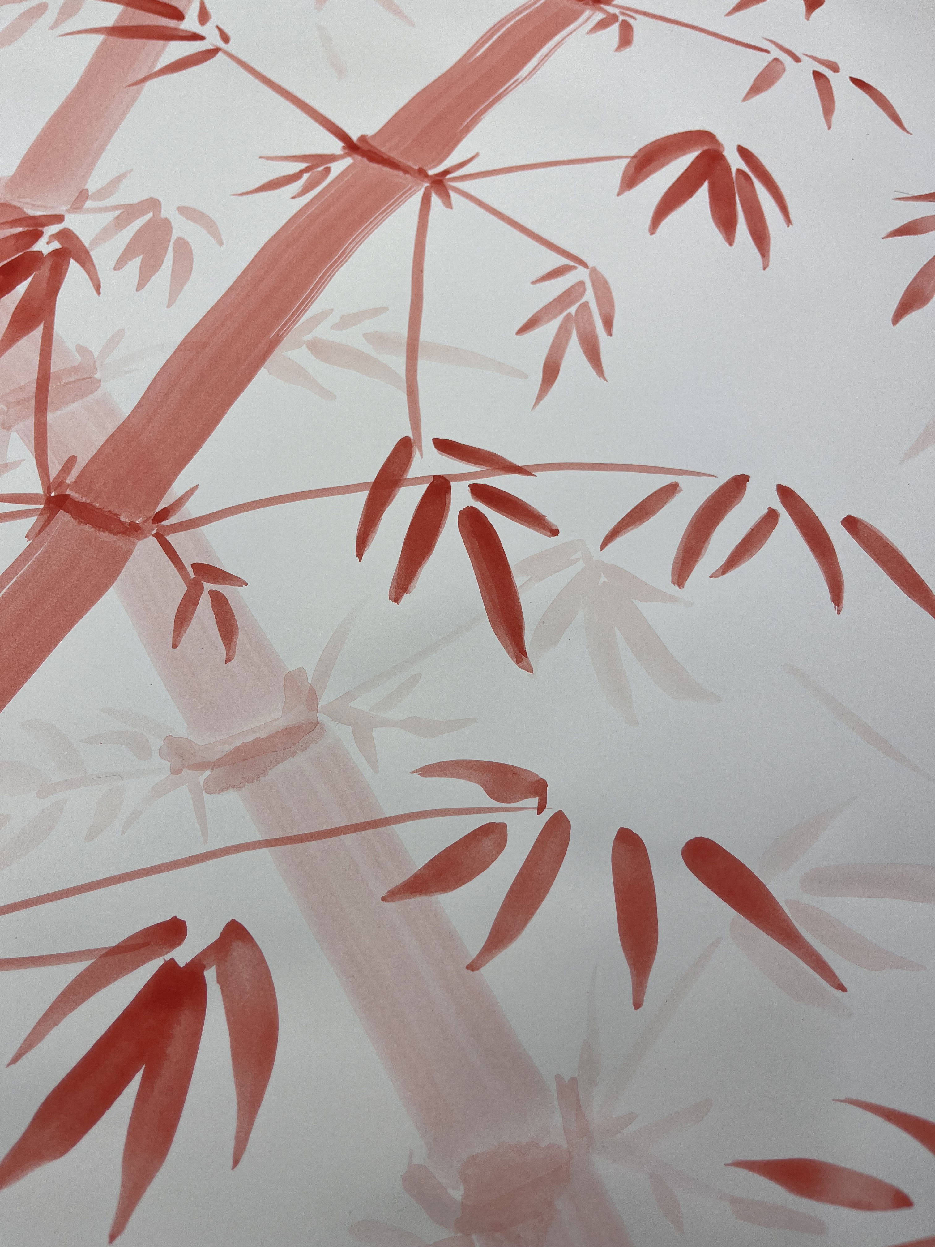 An ethereal ink painting of bamboo, characterized by translucent brushstrokes and delicate leaves, captures a serene and minimalist oriental aesthetic. Artwork style is Abstrakt and technique Tinte auf Papier.