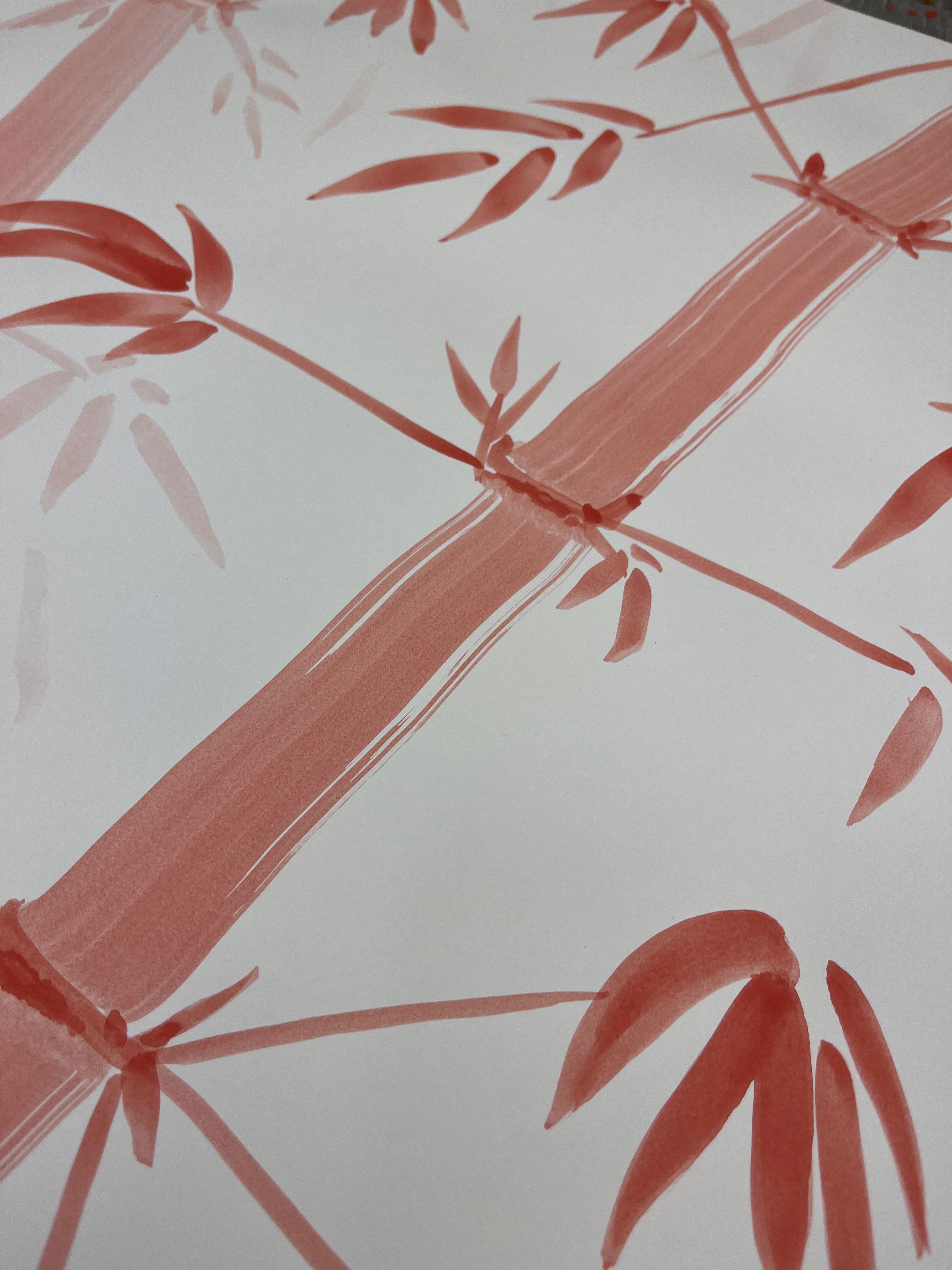 A serene abstract ink on paper artwork, evoking a minimalist, ethereal bamboo forest through delicate brushstrokes, radiating fluidity and Zen-like stillness. Artwork style is Abstrakt and technique Tinte auf Papier.