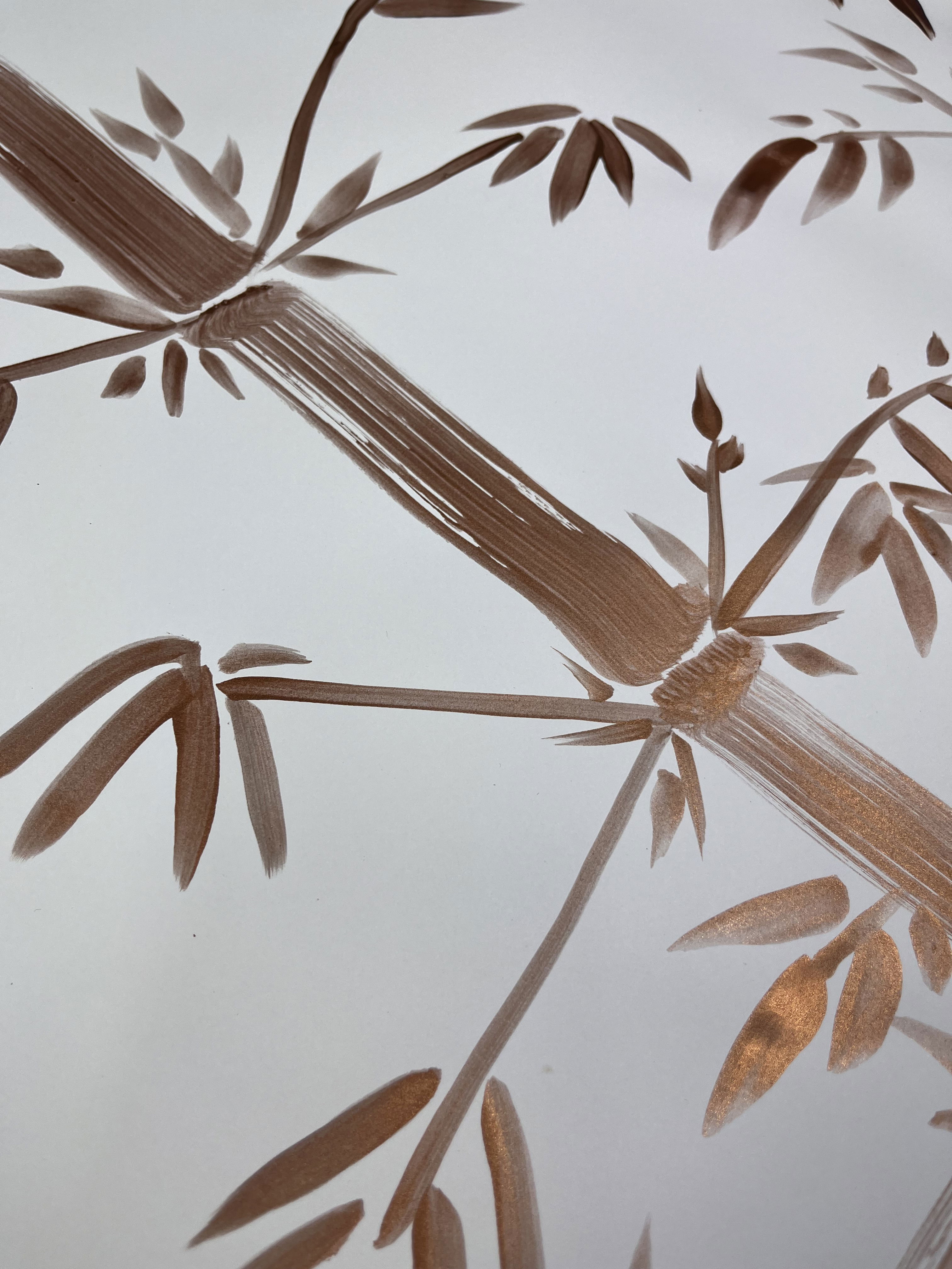 Abstract ink painting on paper featuring tranquil, sepia-toned bamboo branches and leaves, capturing the essence of zen minimalism and natural elegance. Artwork style is Abstrakt and technique Tinte auf Papier.