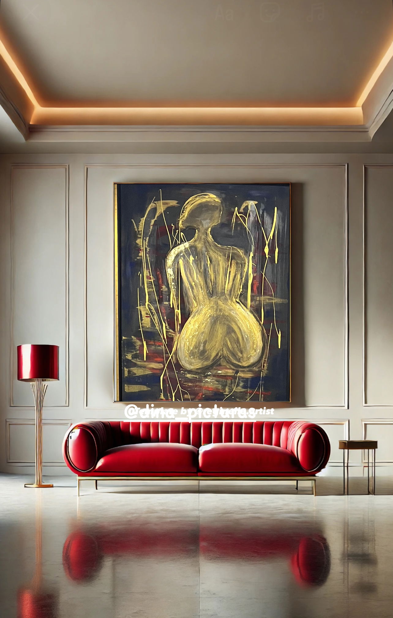 Abstract mixed media artwork with gold-toned human silhouette, dynamic streaks, dark backdrop, evoking elegance, mystery, depth. Abstrakt style, Mixed Media.