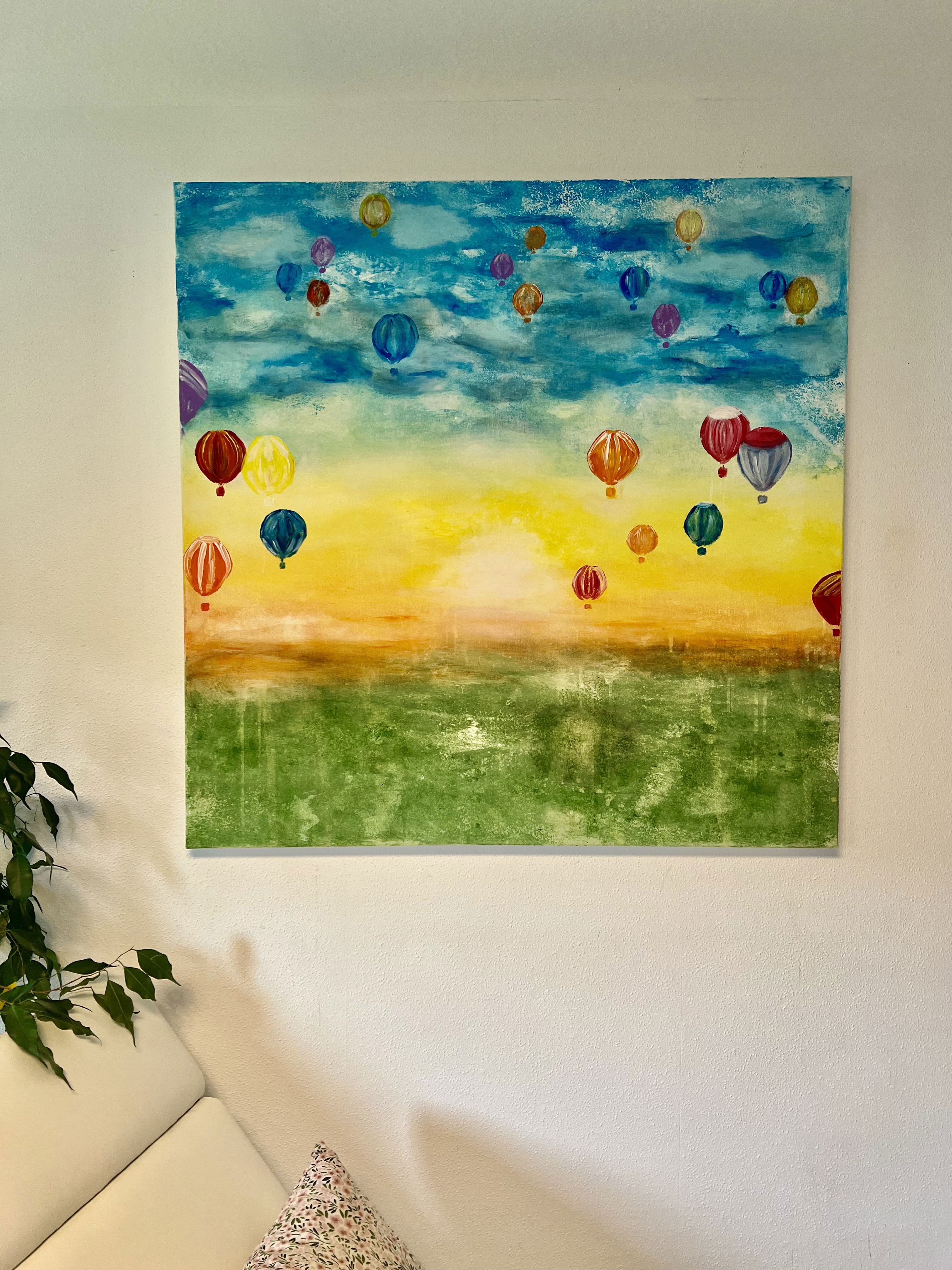 "Expressionist mixed media artwork showcasing vibrant hot air balloons floating serenely against a twilight horizon, blending azure sky and verdant landscapes." Artwork style is Expressionismus and technique Mixed Media.