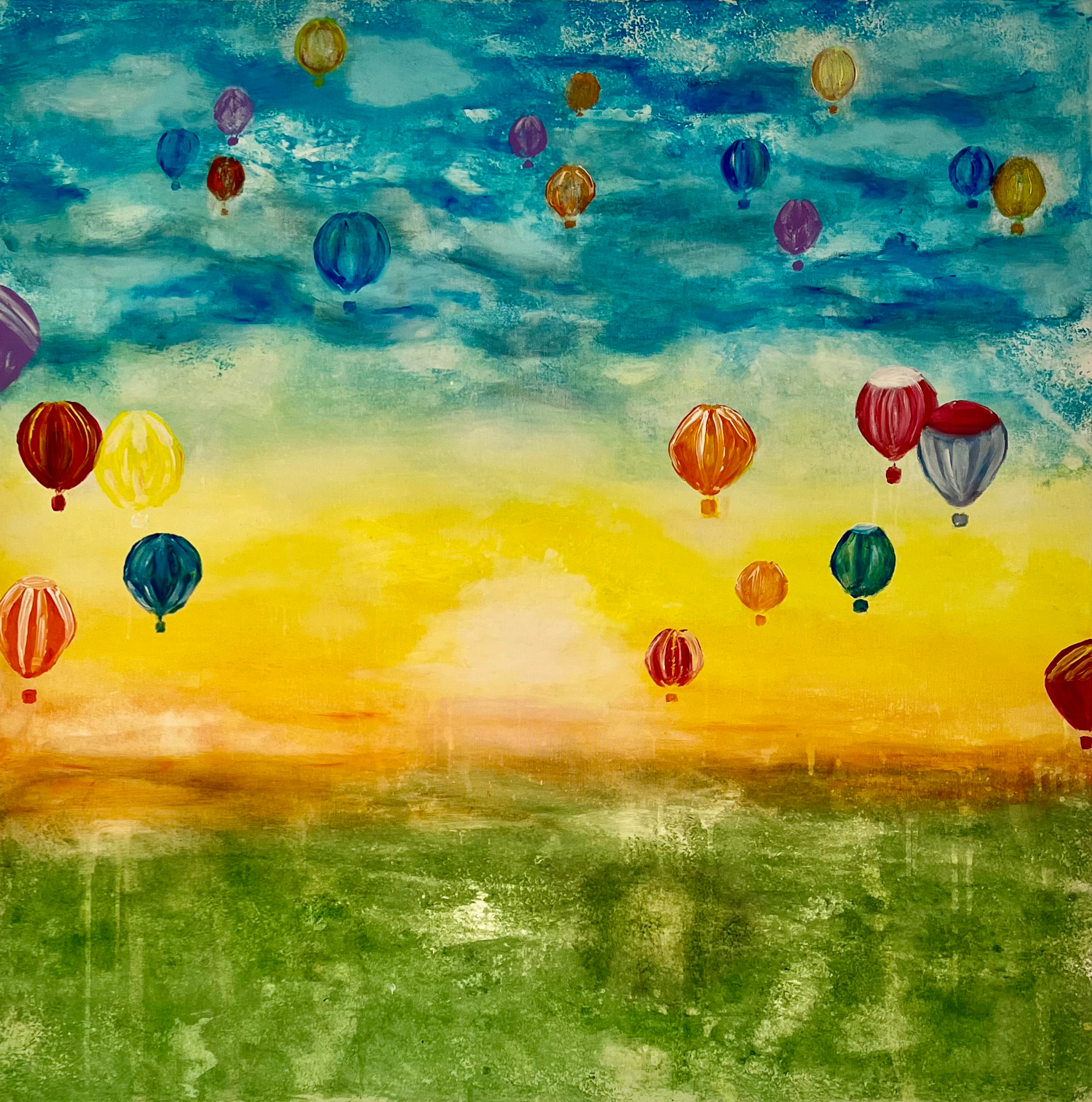 Mixed media expressionist landscape of vibrant hot air balloons floating serenely against a twilight sky, blending hues of azure, yellow, orange, and crimson. Artwork style is Expressionismus and technique Mixed Media.