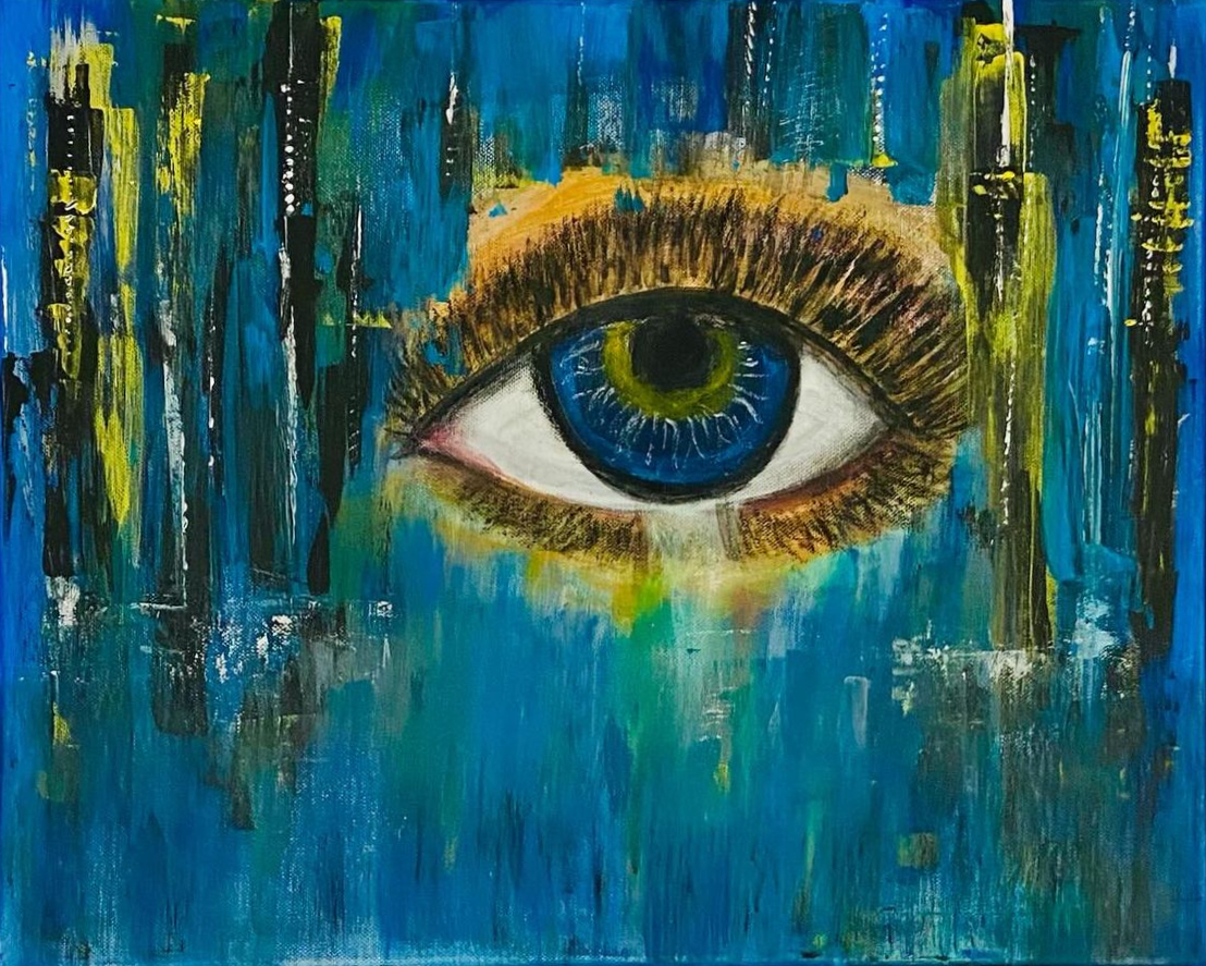 Abstract mixed media artwork depicting a central azure eye surrounded by bold strokes of blue, yellow, and black. The eye captures the essence of perception and mystery. Artwork style is Abstrakt and technique Mixed Media .