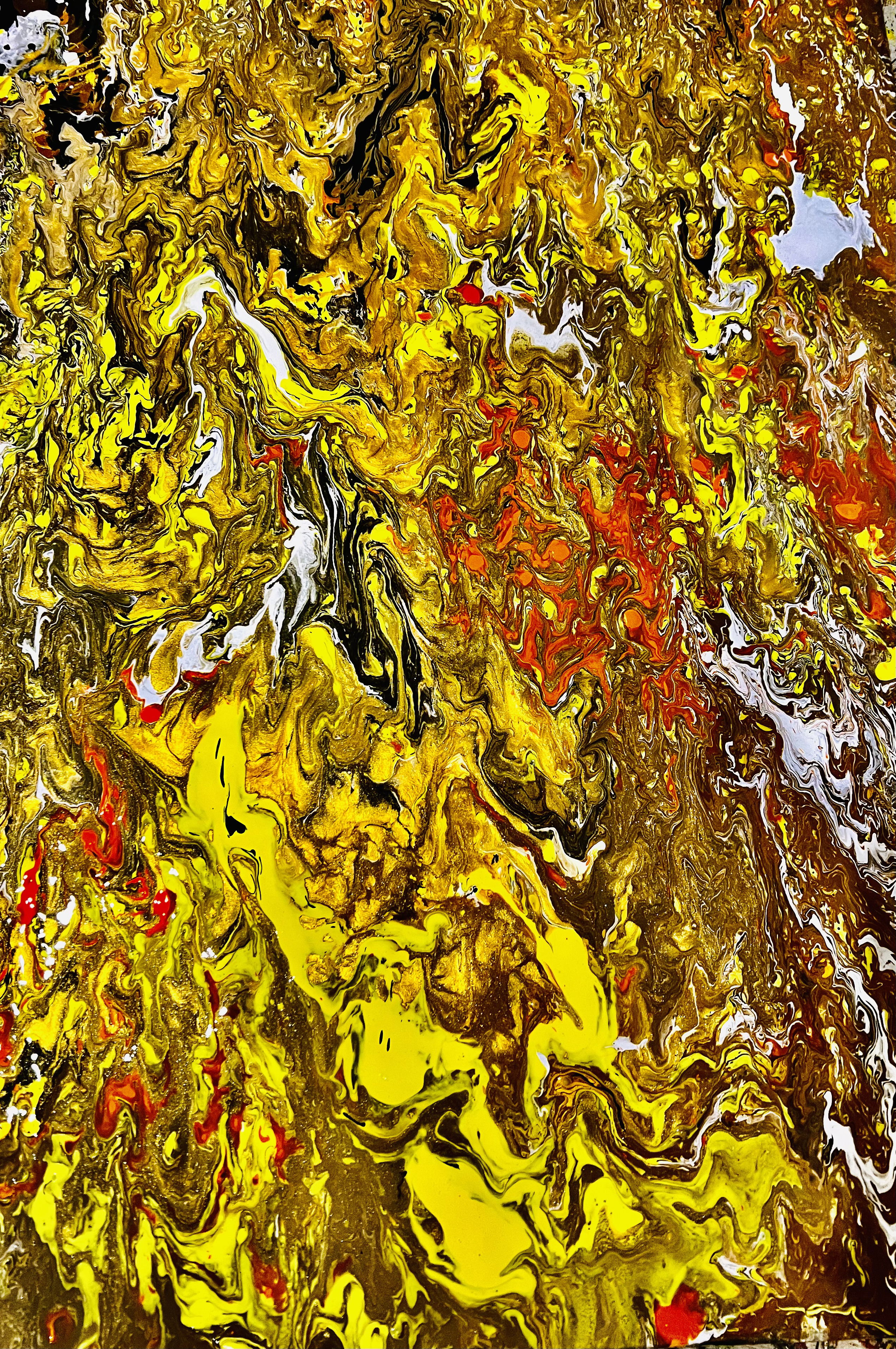 Vivid abstract mixed media artwork with swirling ochre, yellow, and molten reds capturing the essence of a cosmic inferno in a tempestuous dance of brilliance. Artwork style is Abstrakt and technique Mixed Media .