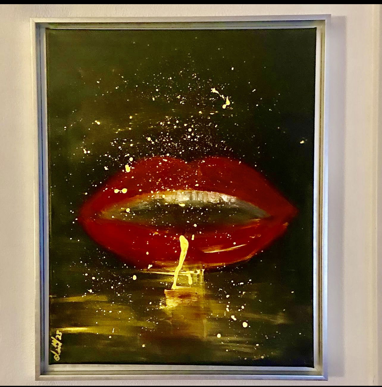 Mystical abstract lips glow amid cosmic darkness, with gold luminescence sparking whispers of passion and enigma. Mixed media art exudes allure and surrealism. Artwork style is Abstrakt and technique Mixed Media.
