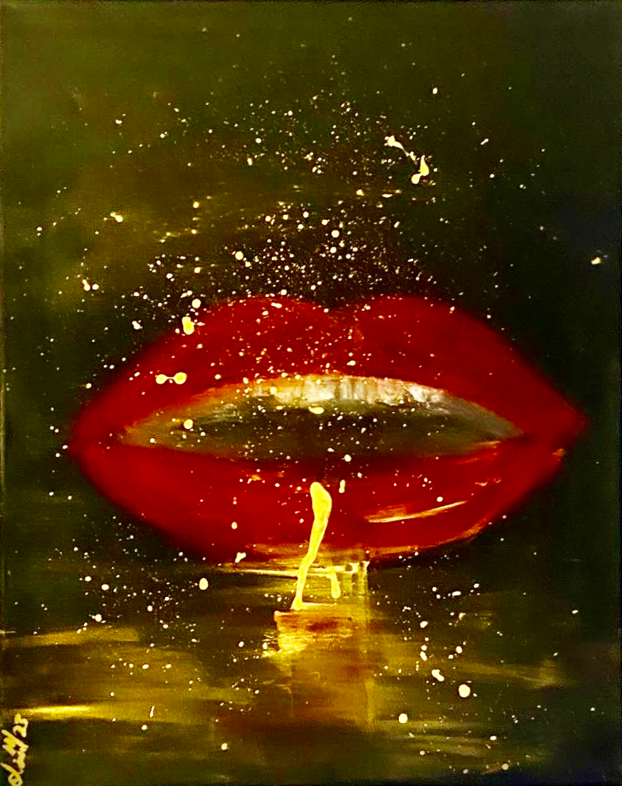 Abstract mixed media artwork with luminescent red lips, gold sparkles, and enigmatic whispers in darkness; surreal, mysterious allure. Ethereal night galaxy. Artwork style is Abstrakt and technique Mixed Media.