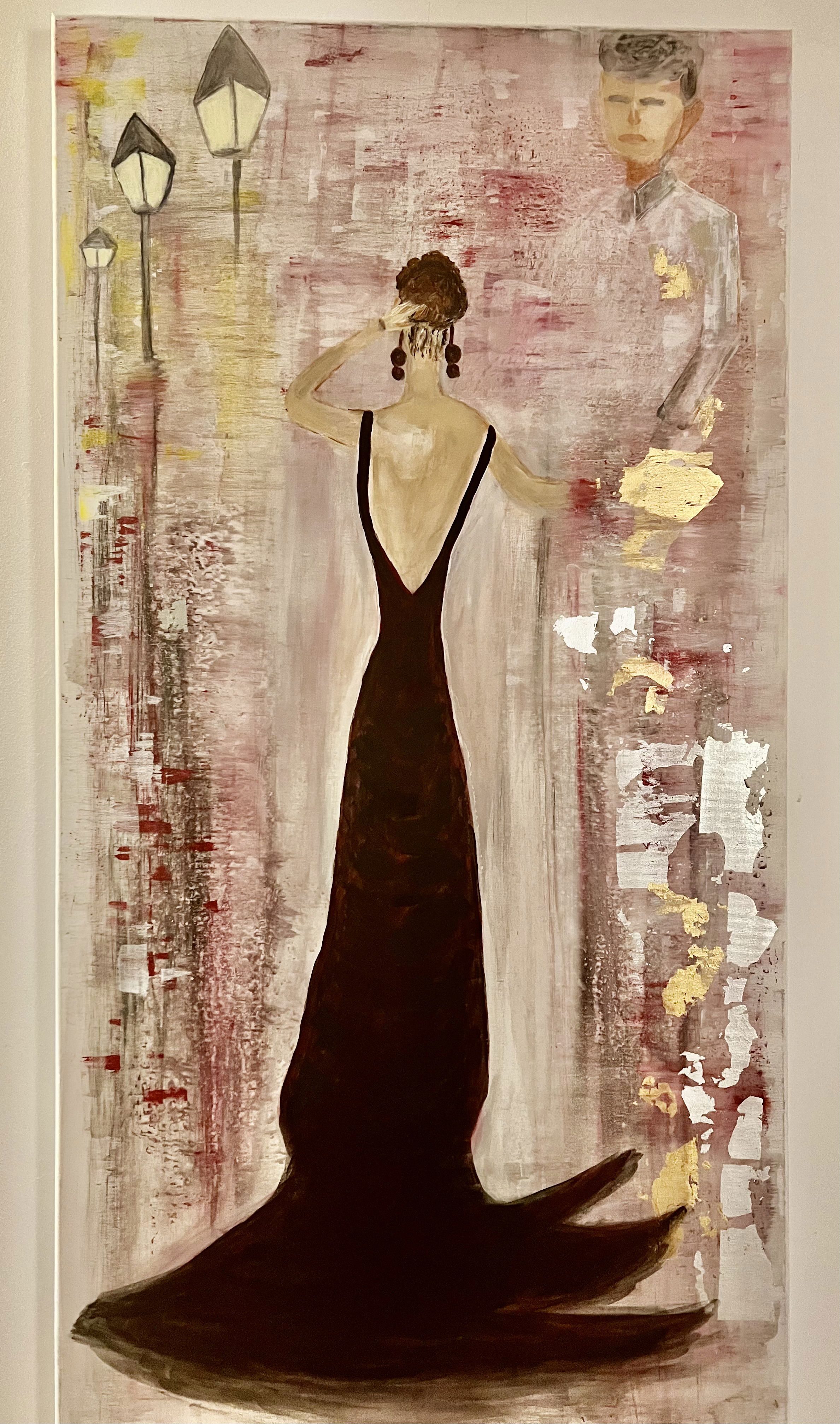 A delicate painting in mixed media with a silhouetted woman in an elegant black dress, wistfully gazing under ethereal lampposts, evokes a sense of solitude and longing. Artwork style is Figurativ and technique Mixed Media.