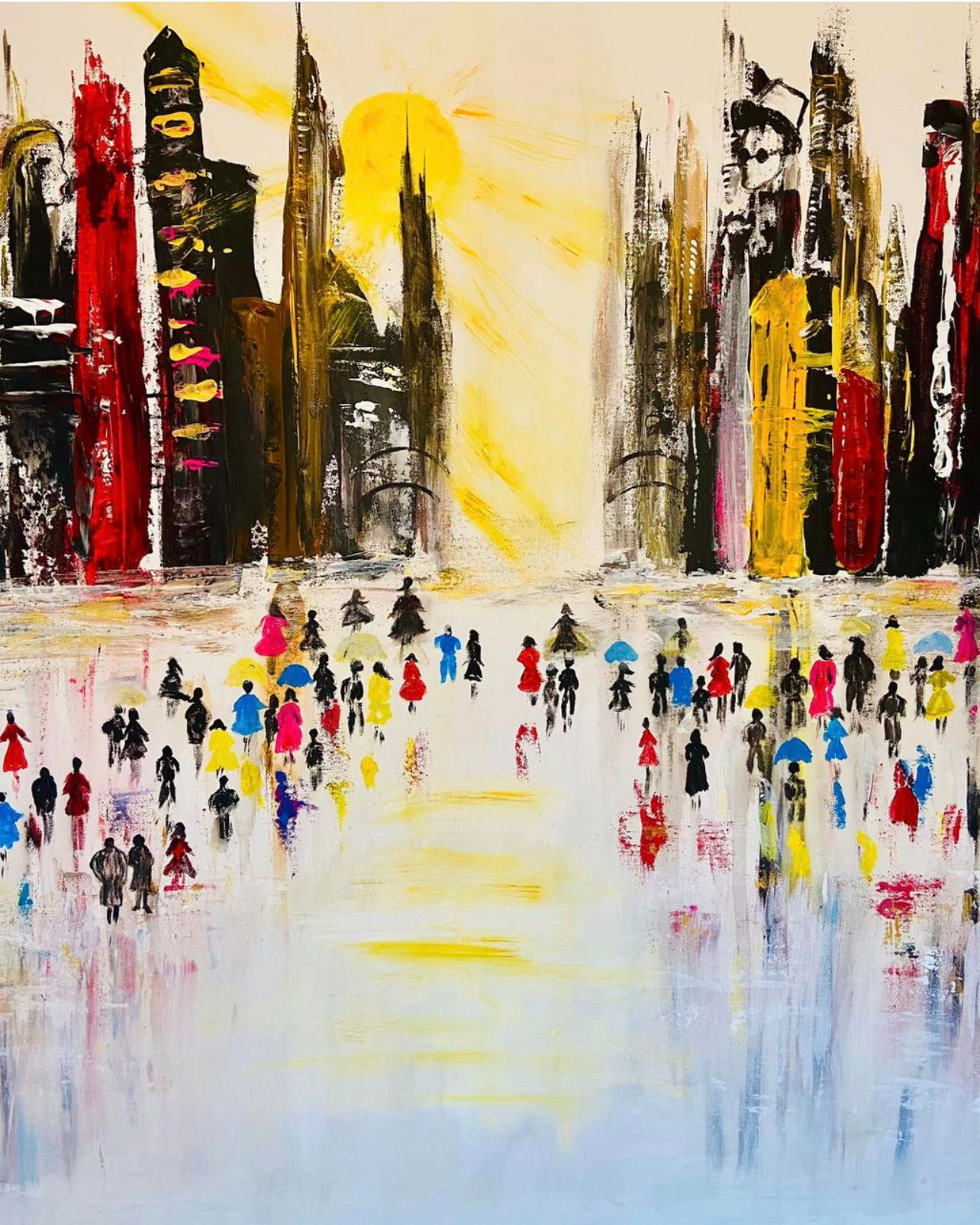 A vibrant expressionist cityscape in mixed media; silhouettes of bustling pedestrians melt into reflections beneath a crimson and cobalt skyline, bathed in golden sunlight. Artwork style is Expressionismus  and technique Mixed Media.