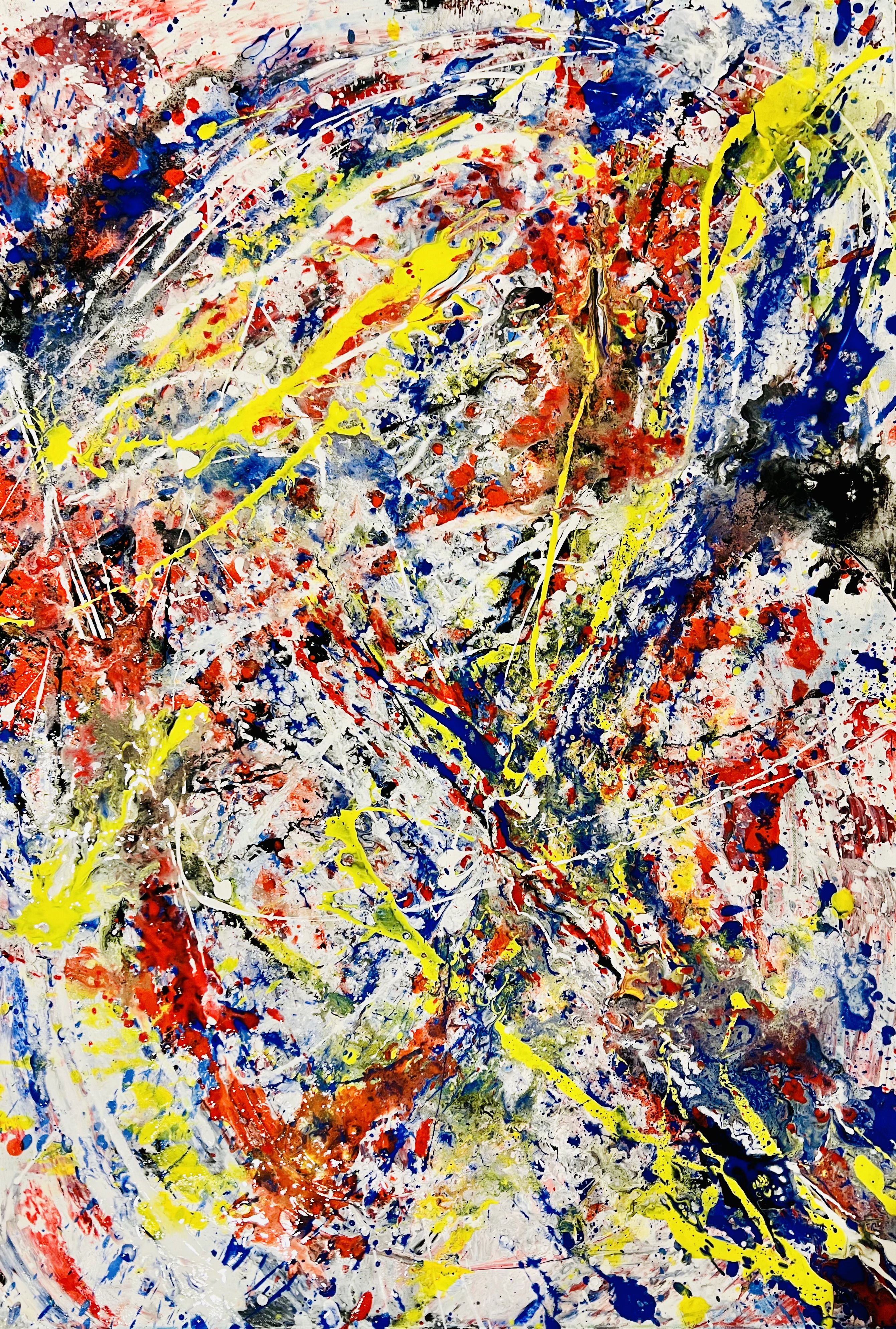 A dynamic abstraction in mixed media, teeming with vibrant splatters and turbulent swirls of primary colors, capturing chaotic energy and spontaneous motion. Artwork style is Abstrakt and technique Mixed Media.