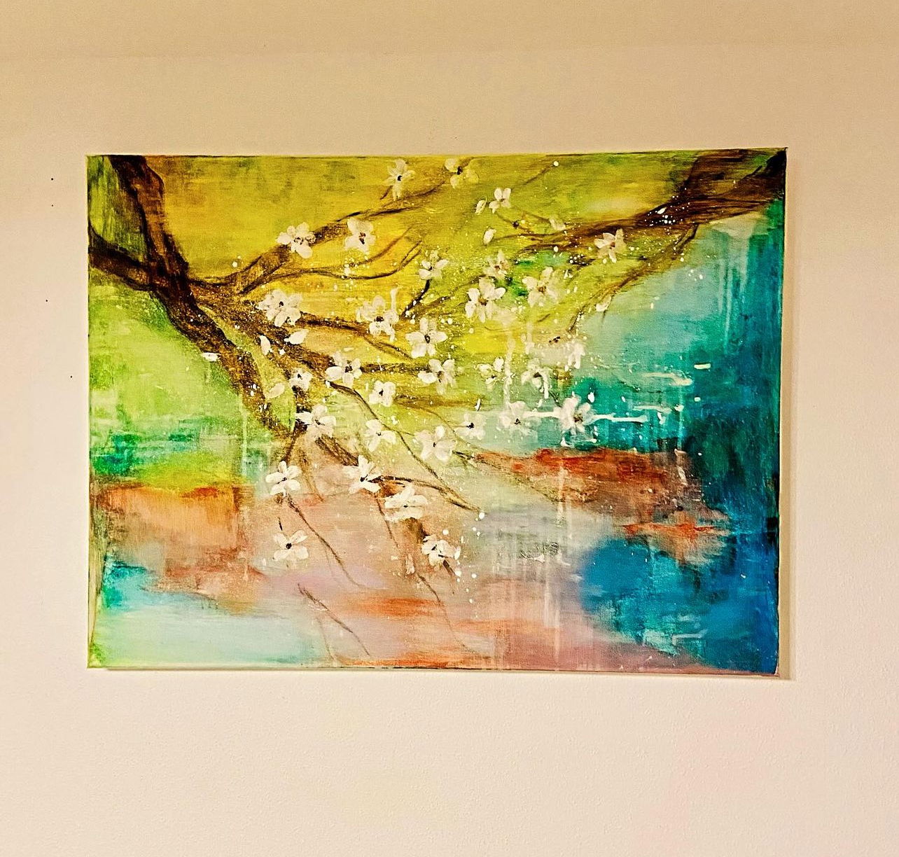 Abstract mixed media artwork depicting delicate white blossoms on branches, set against a serene, dreamlike landscape with pastel hues and ethereal light reflections. Artwork style is Abstrakt and technique Mixed Media.