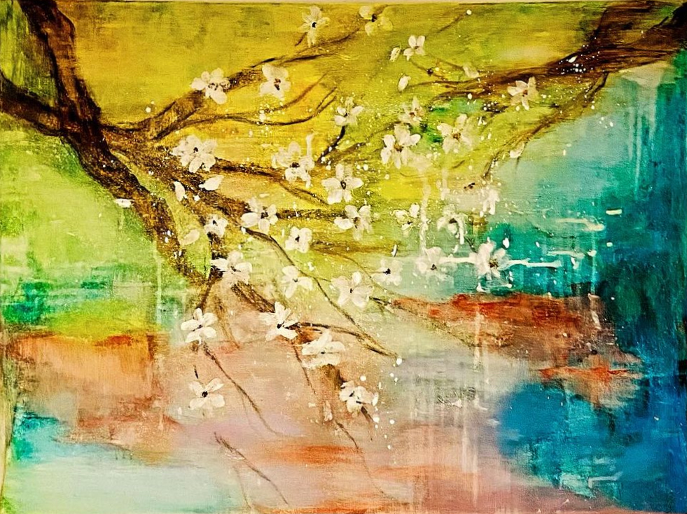 Alt text: "Ethereal mixed media artwork of delicate white blossoms on branches set against a dreamlike, pastel-hued background reflecting nature's tranquility." Artwork style is Abstrakt and technique Mixed Media.